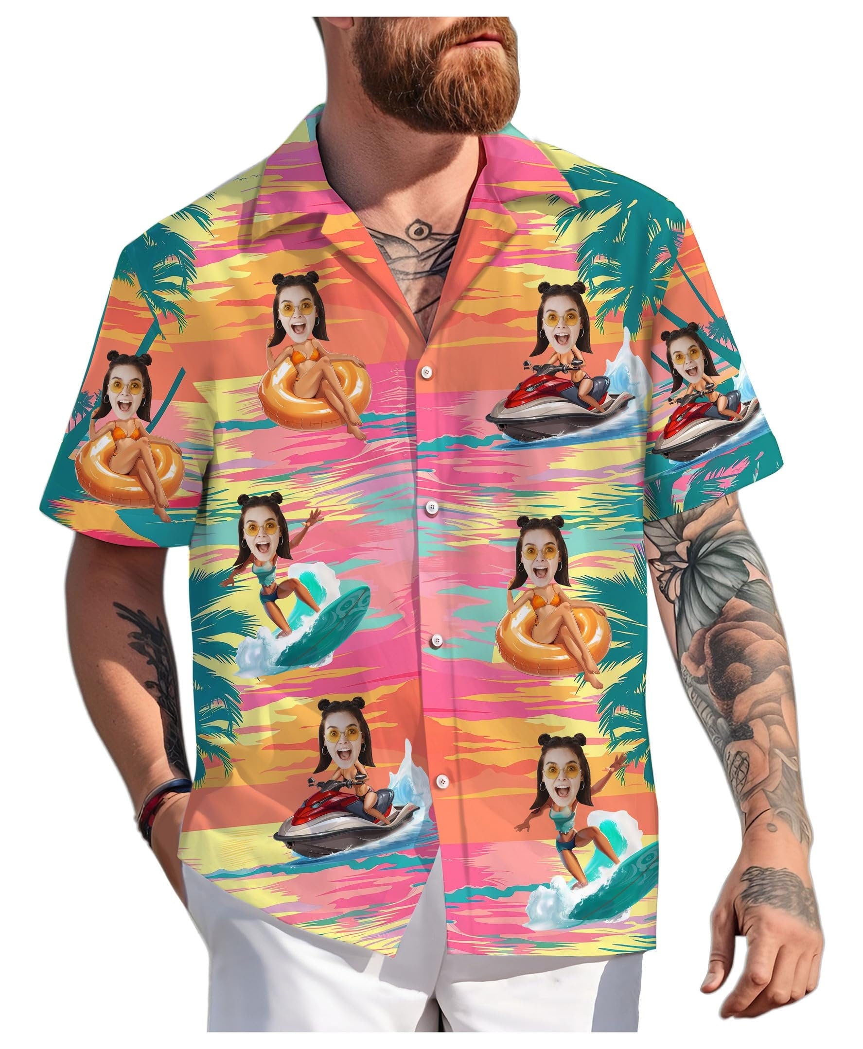 Custom Hawaiian Shirt with Face for Men Women, Personalized Hawaiian Gifts for Girlfriend Boyfriend Couple, Tropical Beach Button Down Shirt