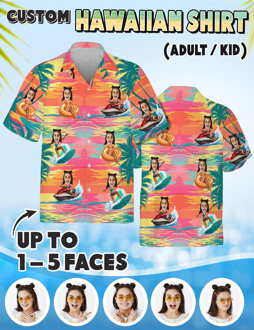 Custom Hawaiian Shirt with Face for Men Women, Personalized Hawaiian Gifts for Girlfriend Boyfriend Couple, Tropical Beach Button Down Shirt