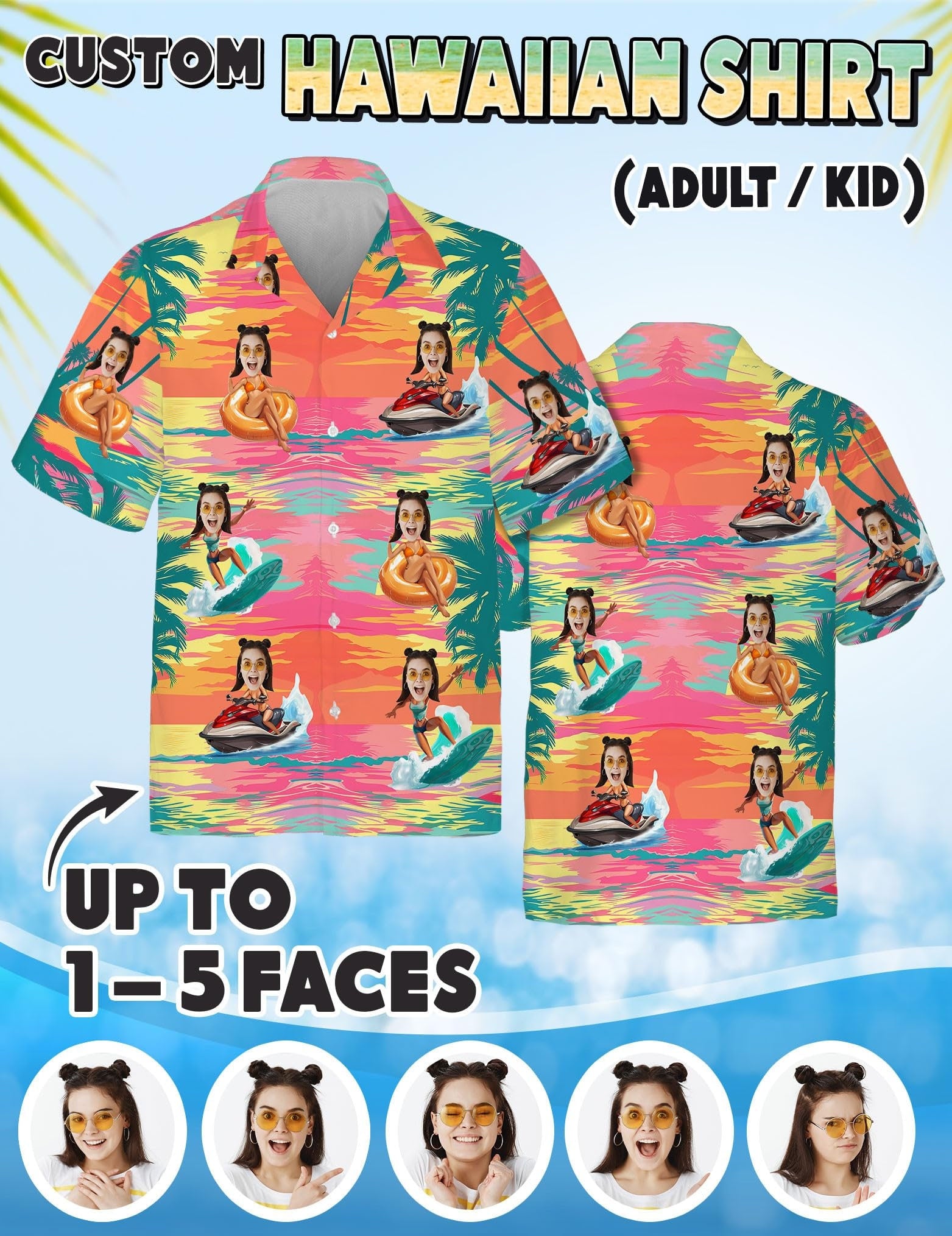 Custom Hawaiian Shirt with Face for Men Women, Personalized Hawaiian Gifts for Girlfriend Boyfriend Couple, Tropical Beach Button Down Shirt