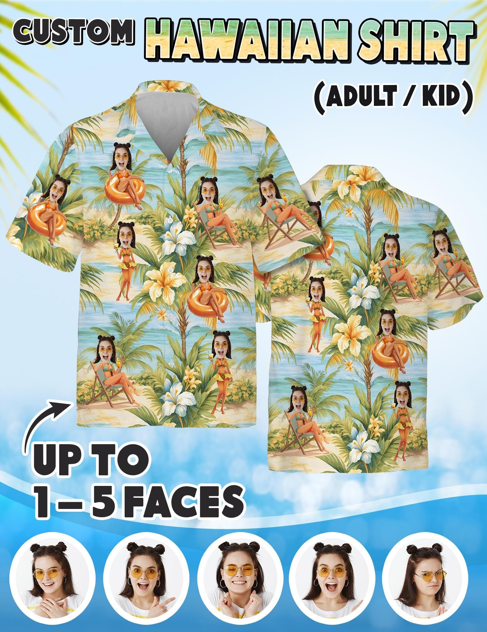 Custom Hawaiian Shirt with Face for Men Women, Personalized Hawaiian Gifts for Girlfriend Boyfriend Couple, Tropical Beach Button Down Shirt