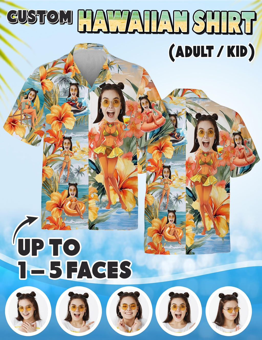 Custom Hawaiian Shirt with Face for Men Women, Personalized Hawaiian Gifts for Girlfriend Boyfriend Couple, Tropical Beach Button Down Shirt