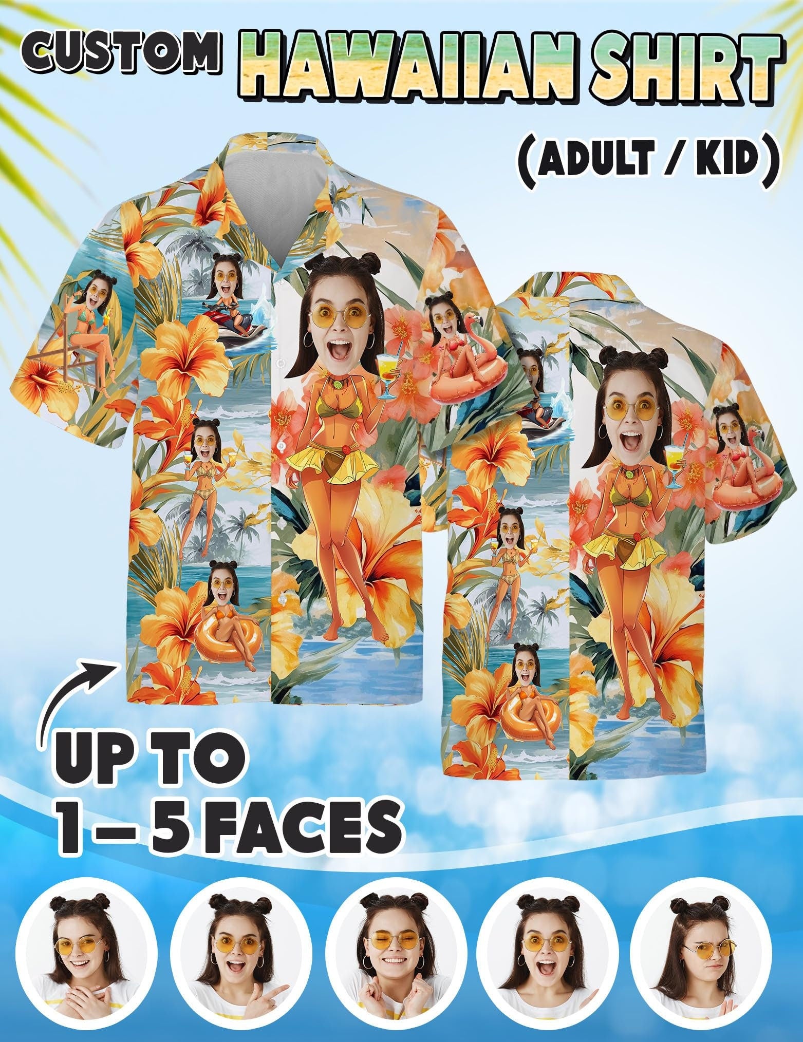Custom Hawaiian Shirt with Face for Men Women, Personalized Hawaiian Gifts for Girlfriend Boyfriend Couple, Tropical Beach Button Down Shirt