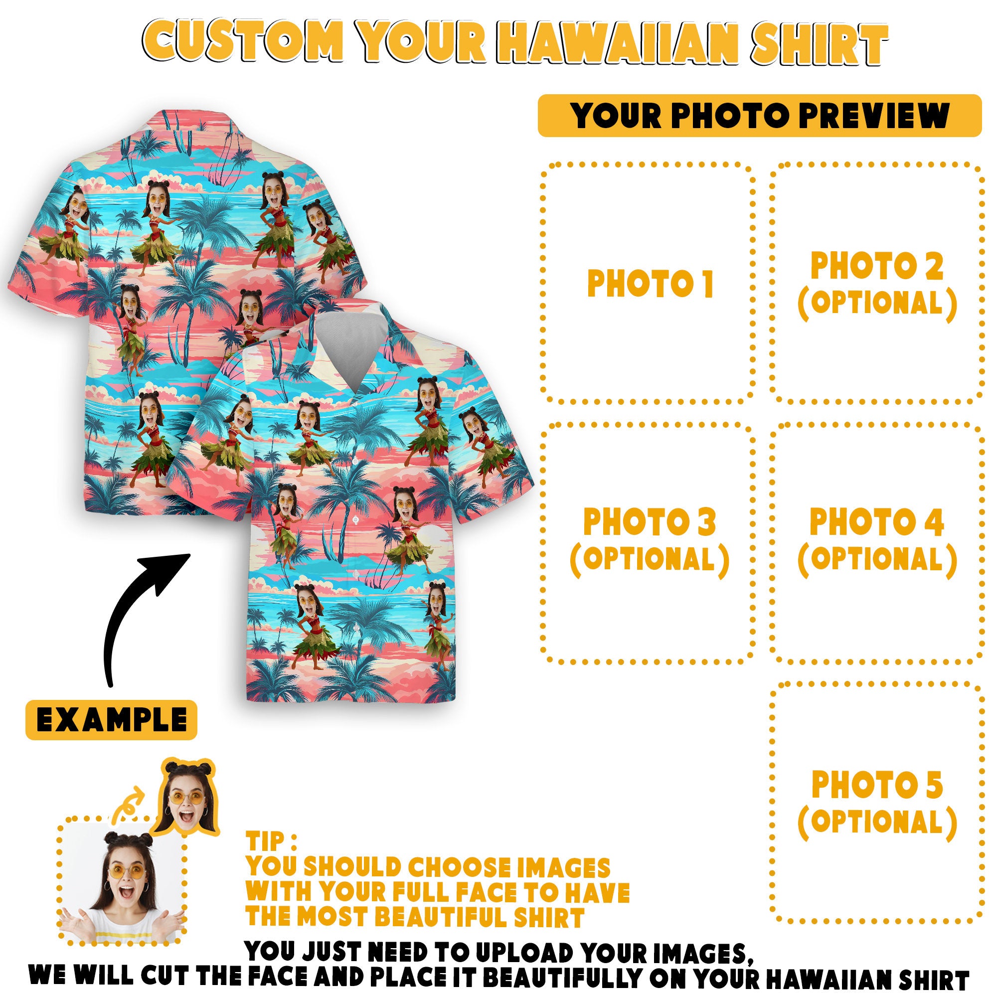 Custom Hawaiian Shirt with Face for Men Women, Personalized Hawaiian Gifts for Girlfriend Boyfriend Couple, Tropical Beach Button Down Shirt