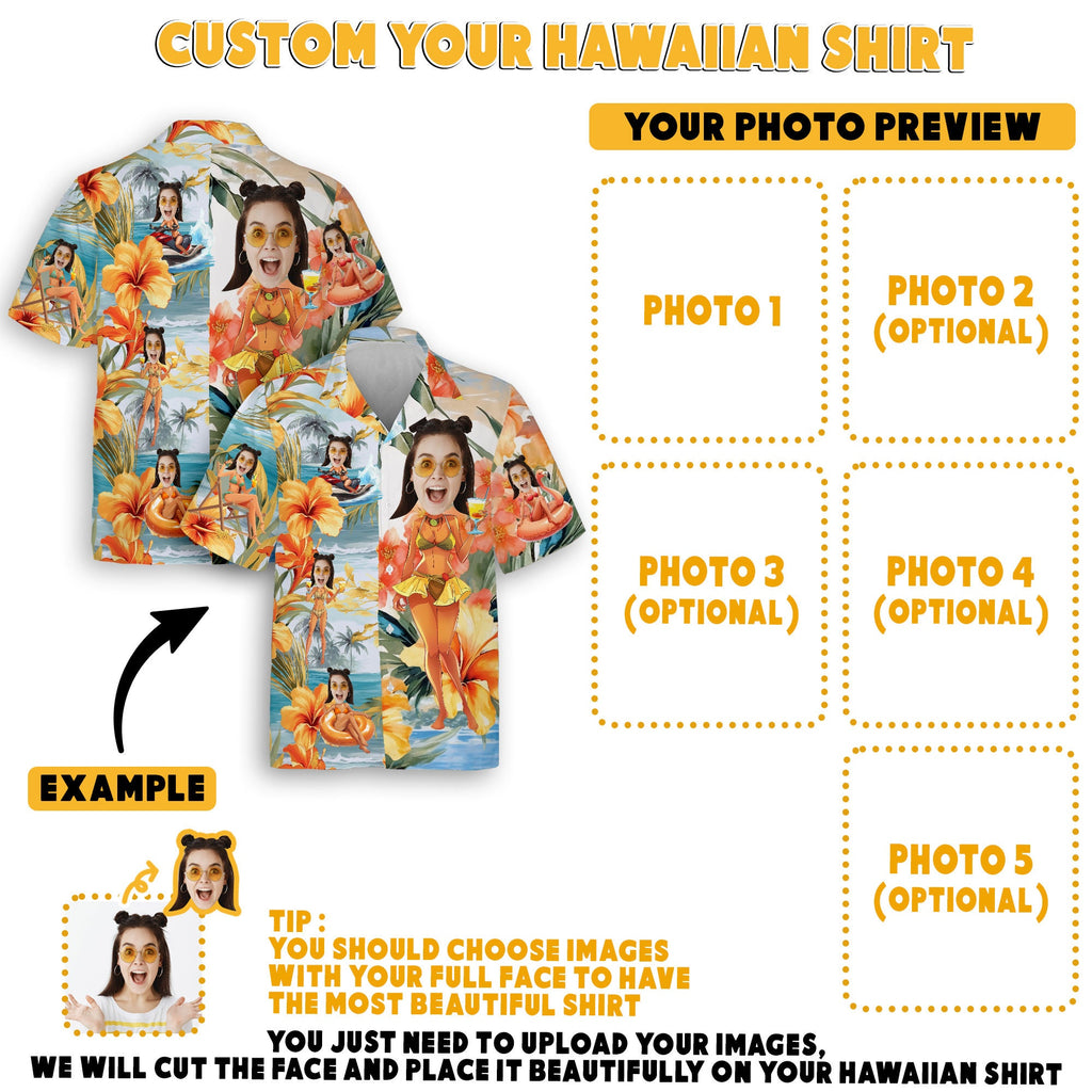 Custom Hawaiian Shirt with Face for Men Women, Personalized Hawaiian Gifts for Girlfriend Boyfriend Couple, Tropical Beach Button Down Shirt