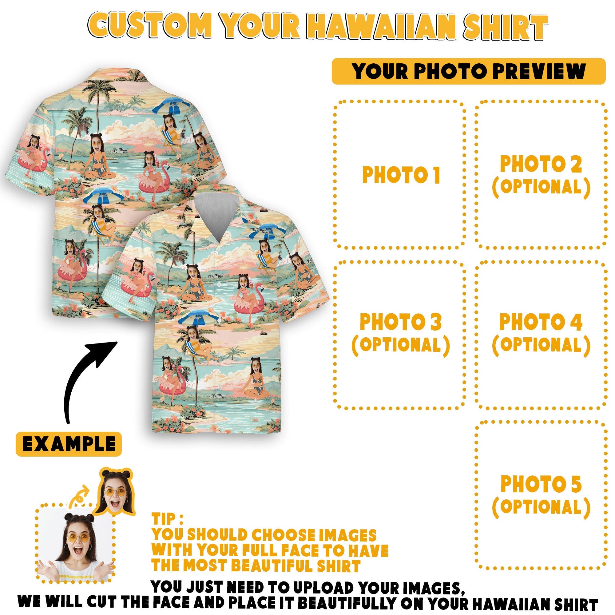 Custom Hawaiian Shirt with Face for Men Women, Personalized Hawaiian Gifts for Girlfriend Boyfriend Couple, Tropical Beach Button Down Shirt