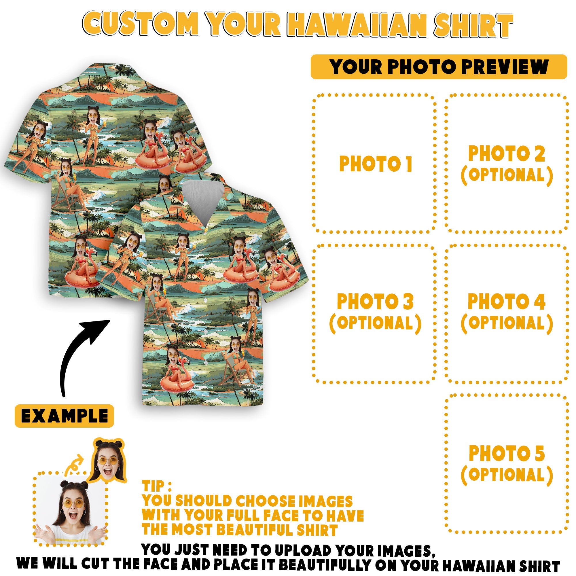 Custom Hawaiian Shirt with Face for Men Women, Personalized Hawaiian Gifts for Girlfriend Boyfriend Couple, Tropical Beach Button Down Shirt