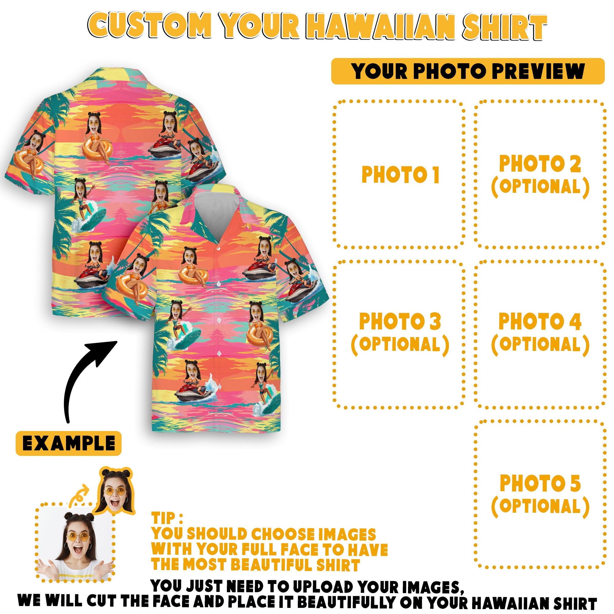 Custom Hawaiian Shirt with Face for Men Women, Personalized Hawaiian Gifts for Girlfriend Boyfriend Couple, Tropical Beach Button Down Shirt