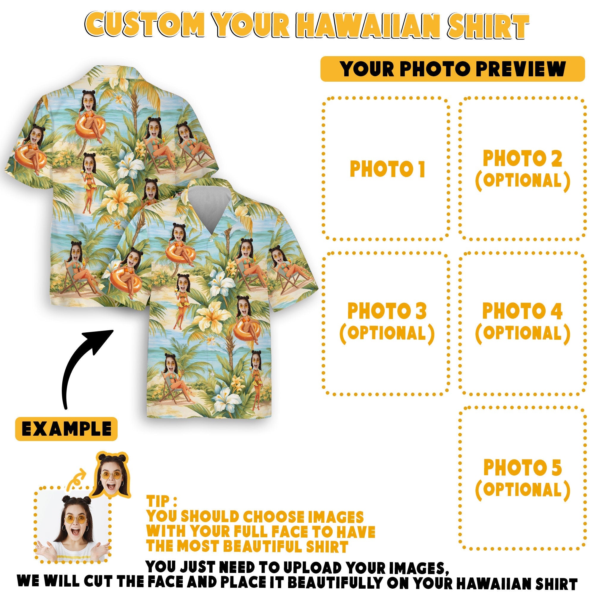 Custom Hawaiian Shirt with Face for Men Women, Personalized Hawaiian Gifts for Girlfriend Boyfriend Couple, Tropical Beach Button Down Shirt