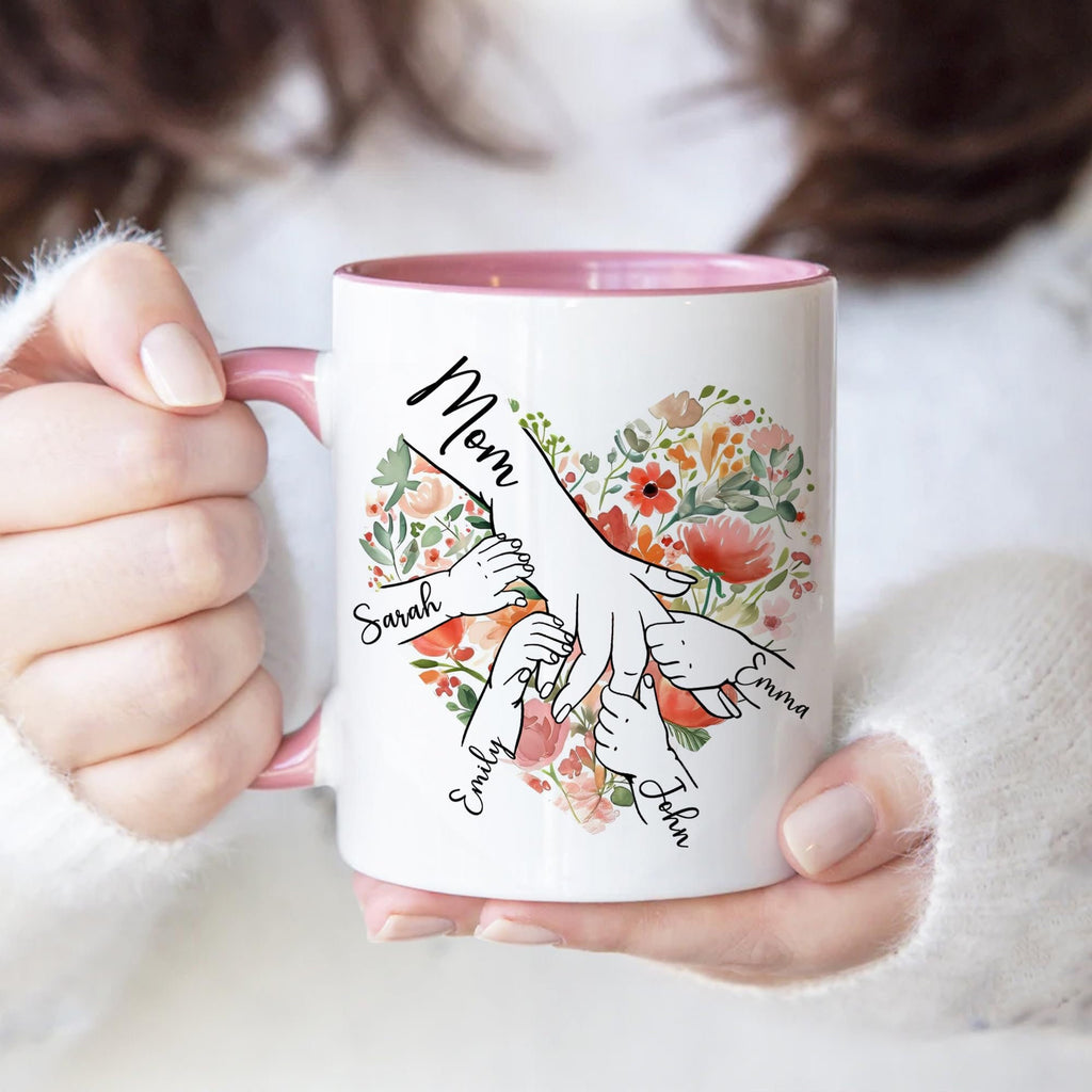 Personalized Mother Mug Gifts with Kid's Hands and Names Custom, Customized Mothers Day Coffee Cups Gift for Grandma Mama Nana Mimi Gigi