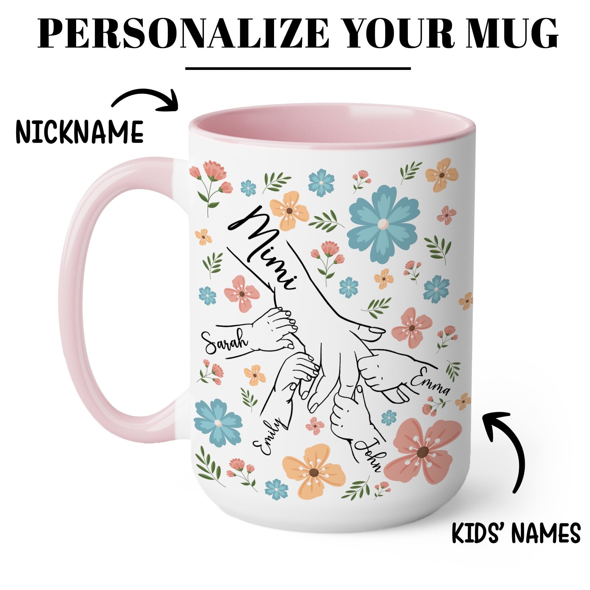 Personalized Mama Mug Gifts with Kid's Hands and Names Custom, Customized Mothers Day Coffee Cups Gift for Mom Grandma Mama Nana Mimi Gigi