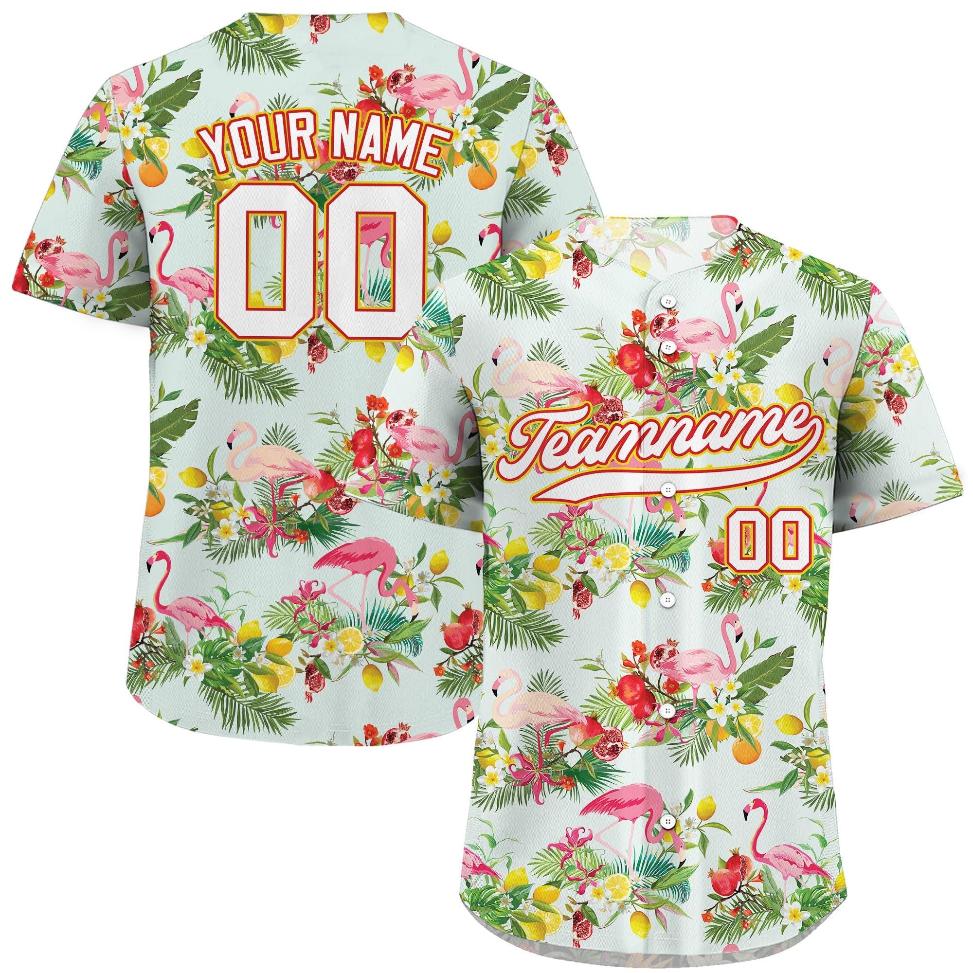 Personalized Hawaiian Baseball Jersey with Face Tropical Shirt Custom Baseball Jersey Shirt for Adult Youth Kid in Vacation Flamingo Fruits