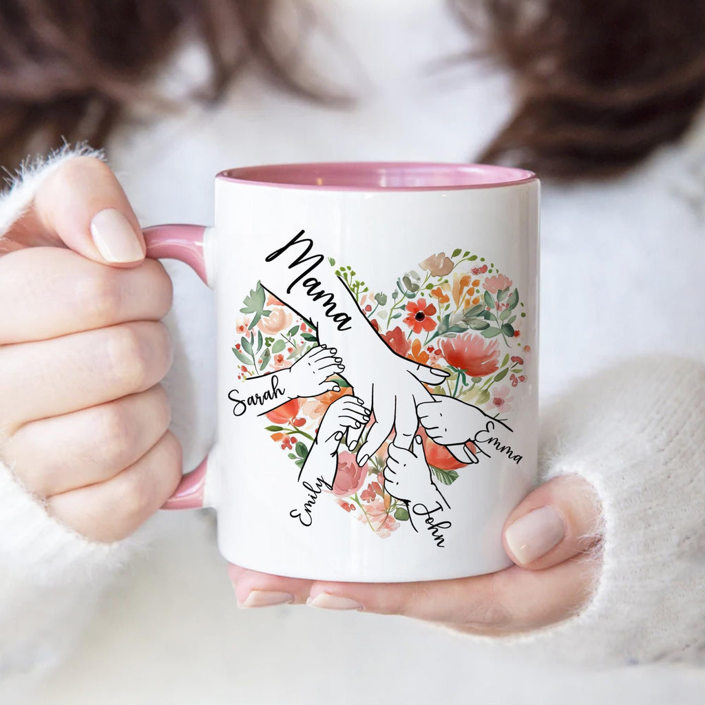 Personalized Mother Mug Gifts with Kid's Hands and Names Custom, Customized Mothers Day Coffee Cups Gift for Grandma Mama Nana Mimi Gigi