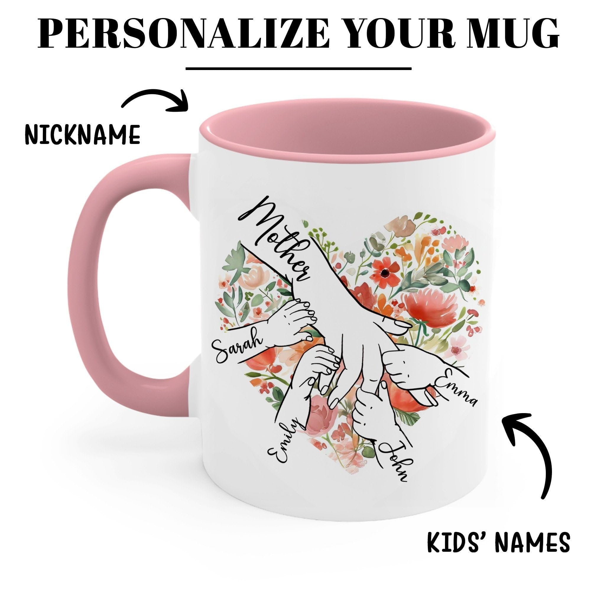 Personalized Mother Mug Gifts with Kid's Hands and Names Custom, Customized Mothers Day Coffee Cups Gift for Grandma Mama Nana Mimi Gigi
