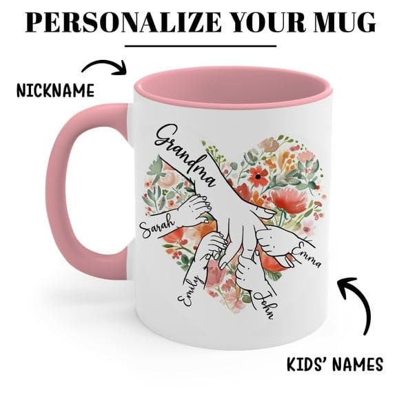 Personalized Grandma Mug with GrandKid's Hands, Customized Mothers Day Coffee Cup Holding kid hands Grandma Mug Gift for Mama Nana Mimi Gigi