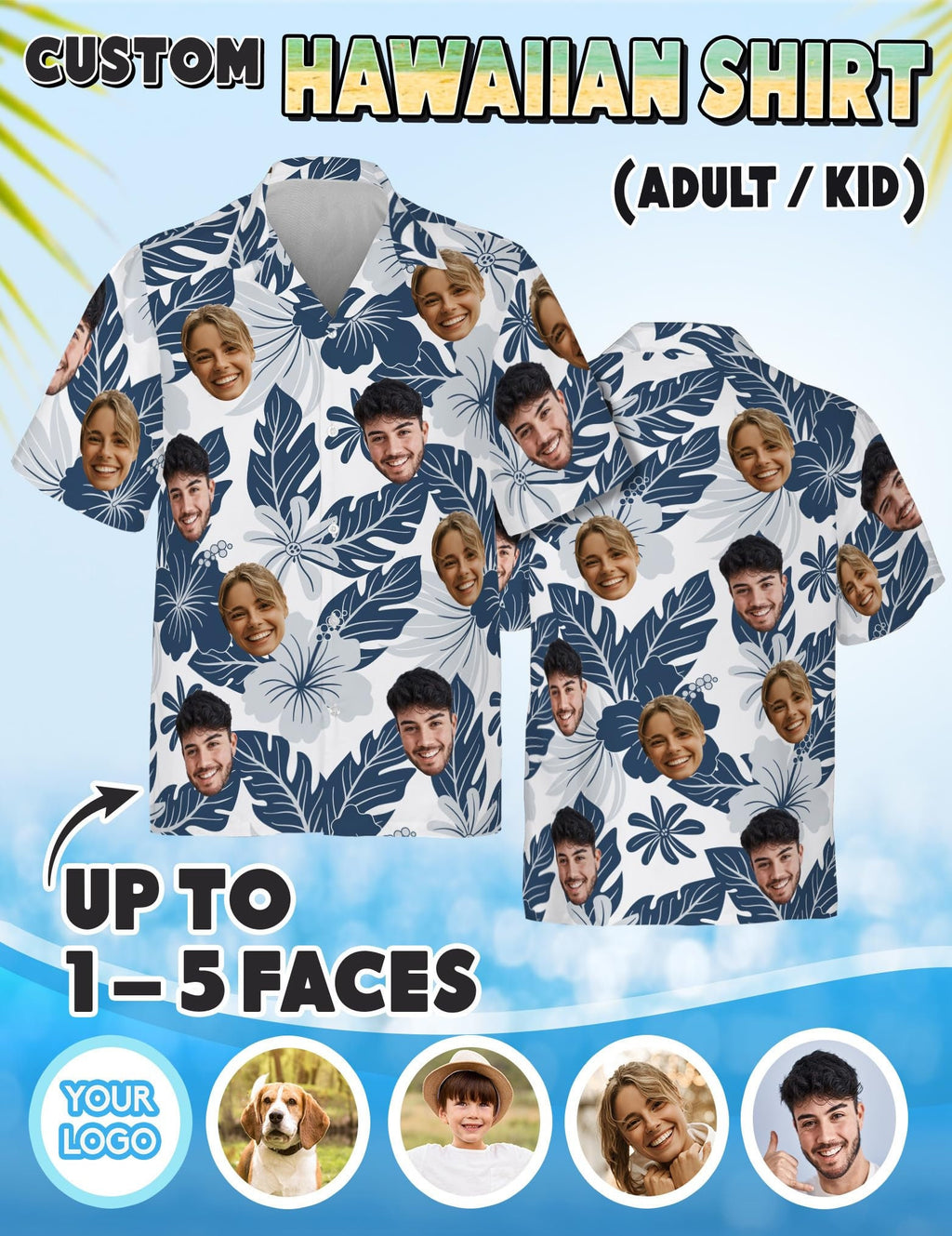 Hawaiian Shirt with Custom Face for Men Women Youth Kid Personalized Hawaiian Gift for Girlfriend Boyfriend Tropical Beach Button Down Shirt
