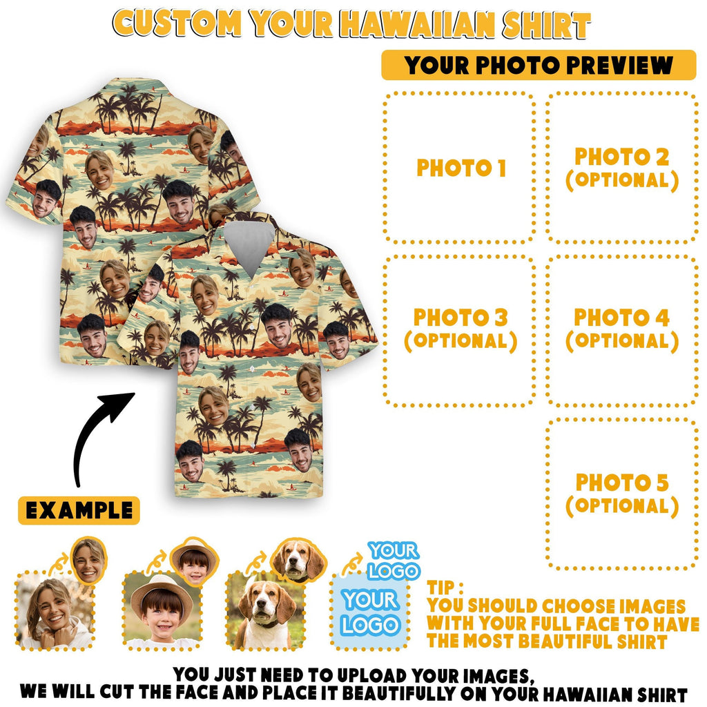 Hawaiian Shirt with Custom Face for Men Women Youth, Personalized Hawaiian Gift for Girlfriend Boyfriend Tropical Beach Button Down Shirt
