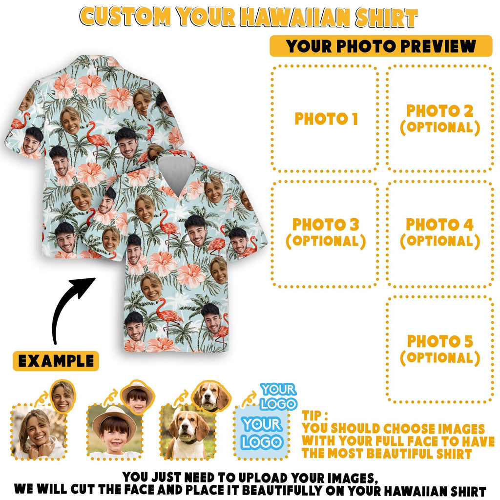 Hawaiian Shirt with Custom Face for Men Women Youth Kid Personalized Hawaiian Gift for Girlfriend Boyfriend Tropical Beach Button Down Shirt