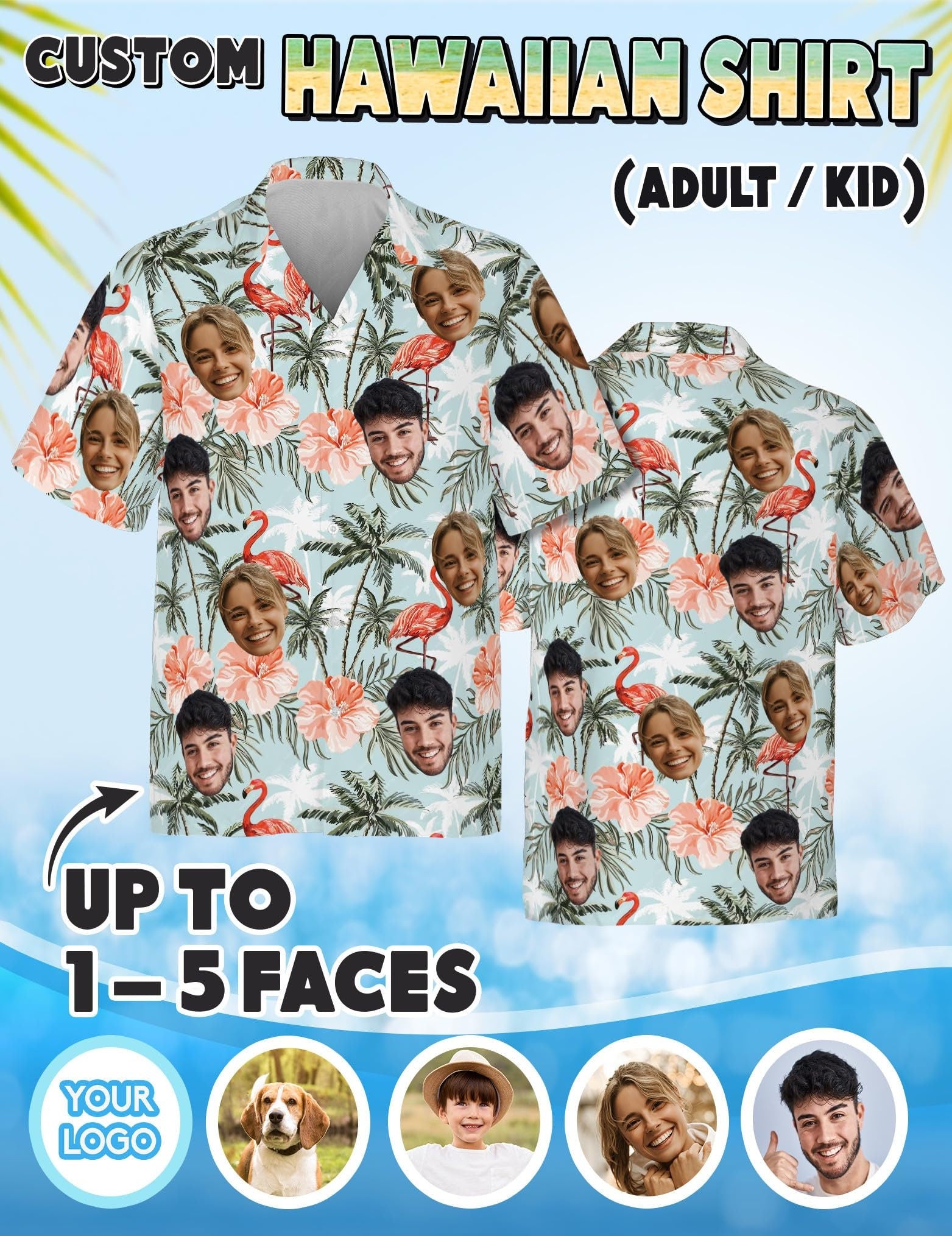 Hawaiian Shirt with Custom Face for Men Women Youth Kid Personalized Hawaiian Gift for Girlfriend Boyfriend Tropical Beach Button Down Shirt