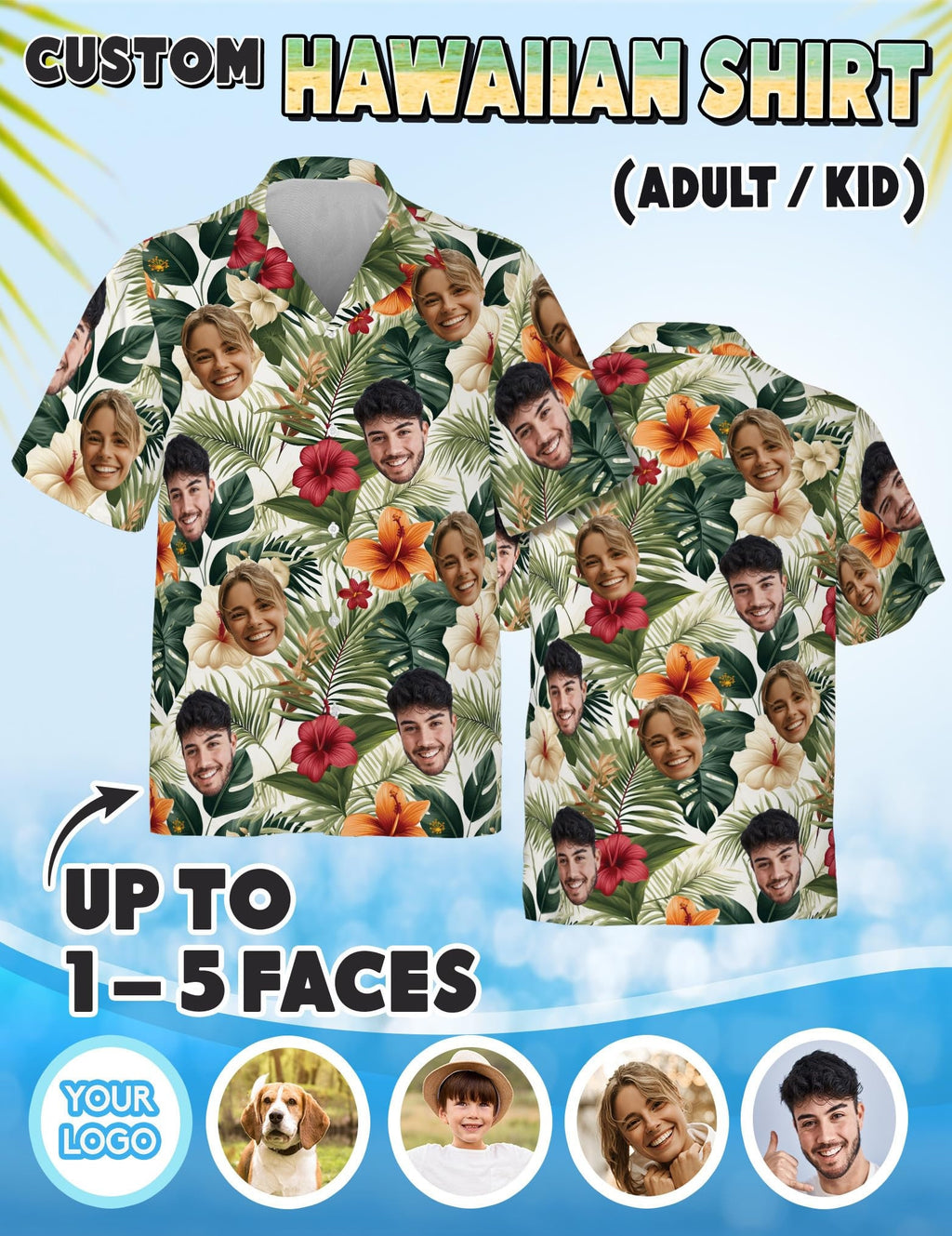 Hawaiian Shirt with Custom Face for Men Women Youth Kid Personalized Hawaiian Gift for Girlfriend Boyfriend Tropical Beach Button Down Shirt