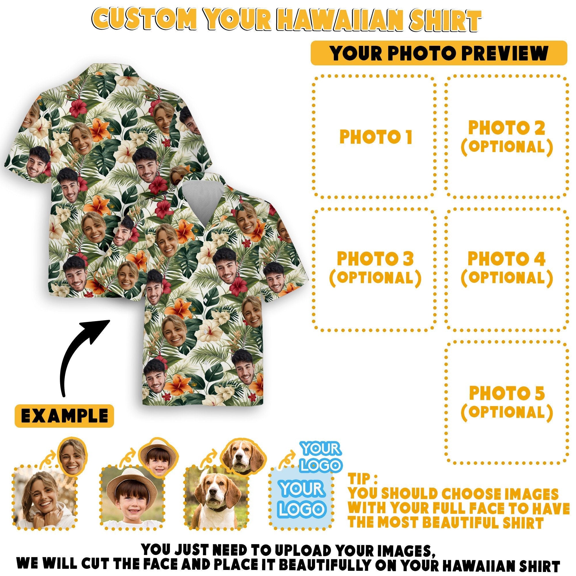 Hawaiian Shirt with Custom Face for Men Women Youth Kid Personalized Hawaiian Gift for Girlfriend Boyfriend Tropical Beach Button Down Shirt