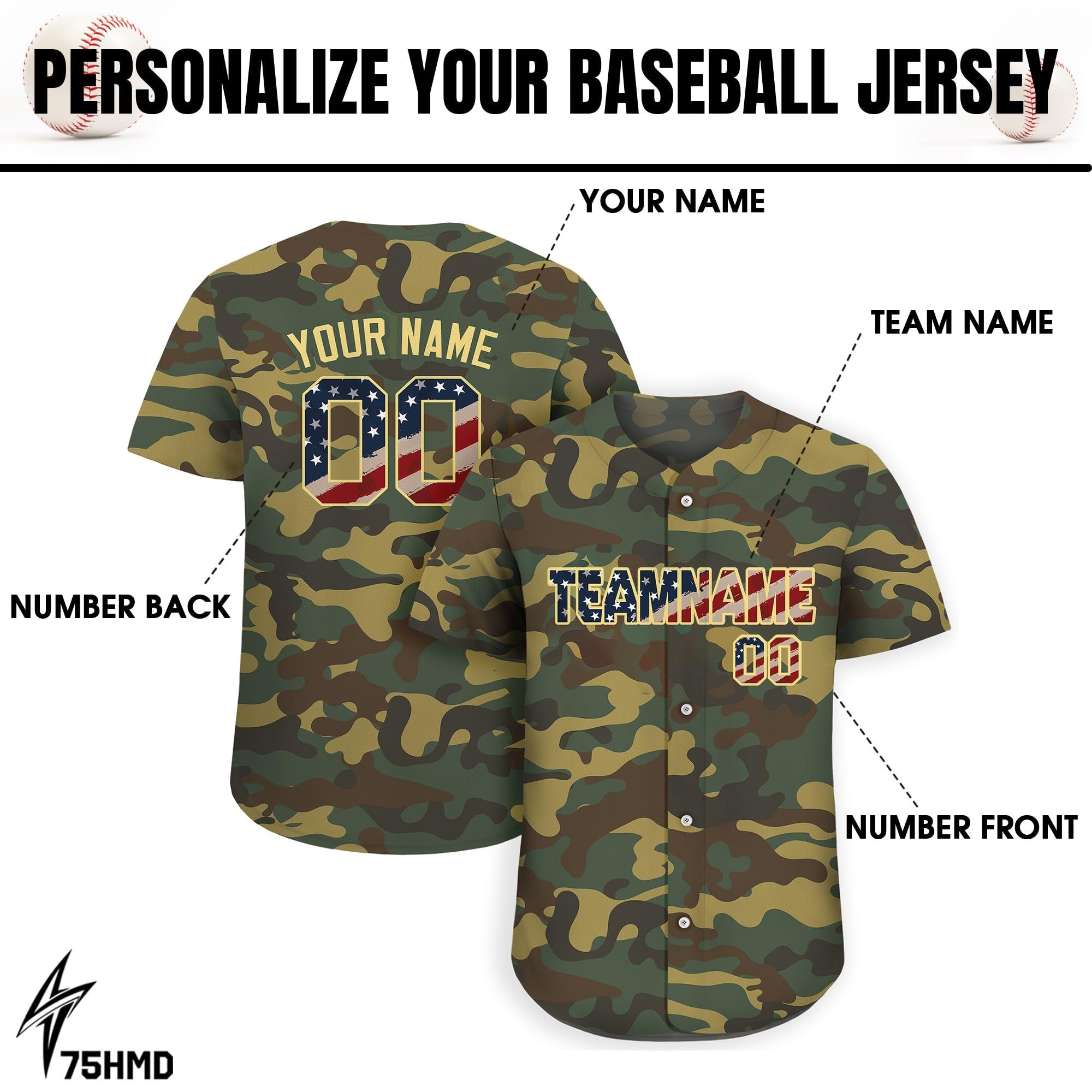 Personalized Camo Baseball Jersey, Custom Jerseys Shirt for Men Women, Gifts for Veteran Baseball Fans Camouflage Button Down Jersey Shirt