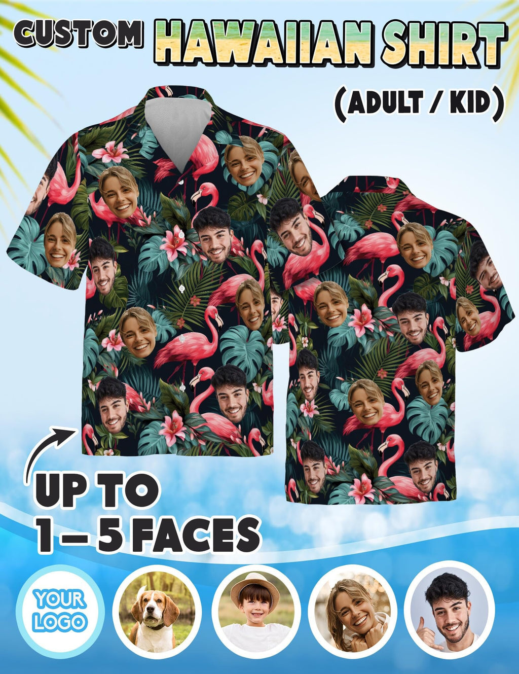 Hawaiian Shirt with Custom Face for Men Women Youth Kid Personalized Hawaiian Gift for Girlfriend Boyfriend Tropical Beach Button Down Shirt