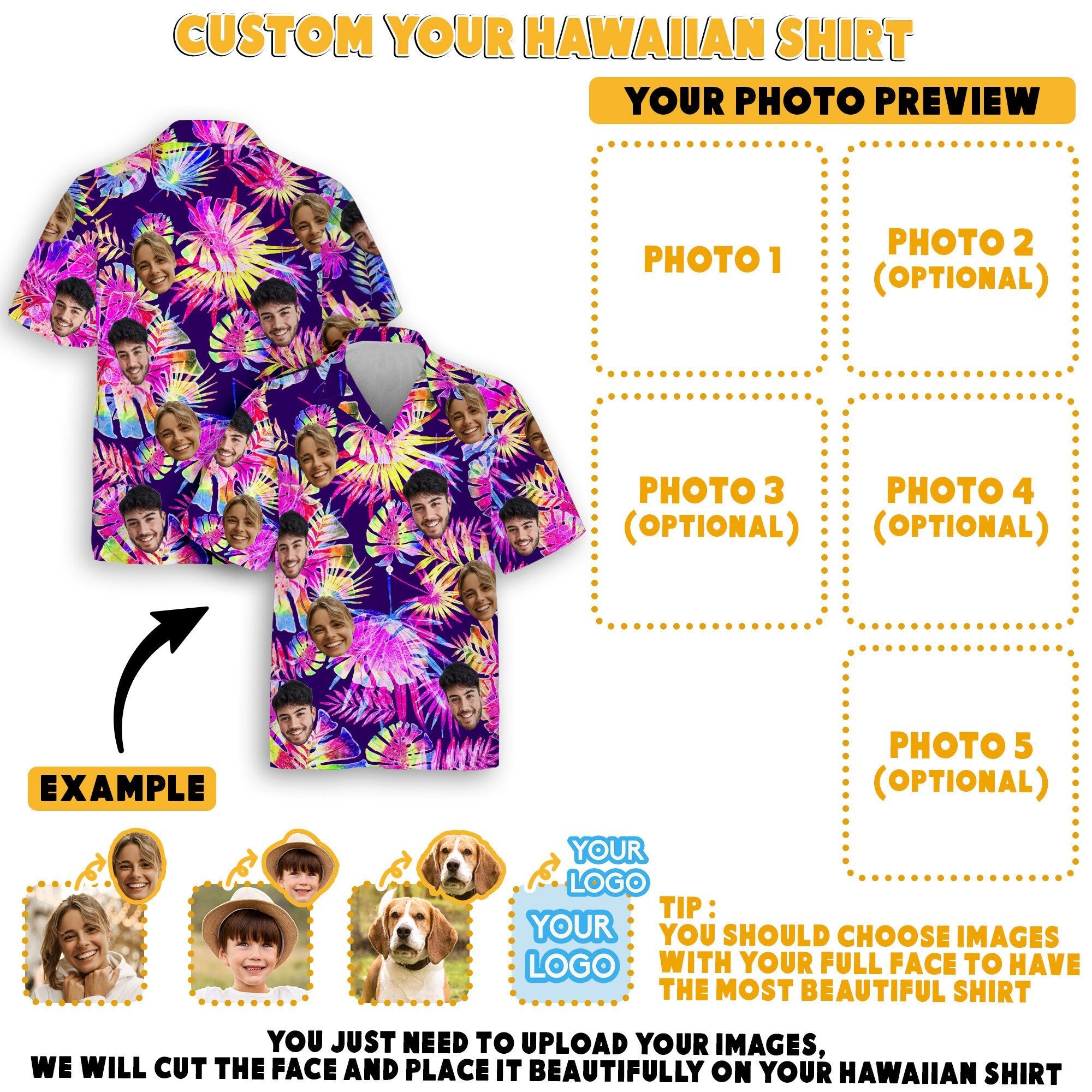 Hawaiian Shirt with Custom Face for Men Women Youth Kid Personalized Hawaiian Gift for Girlfriend Boyfriend Tropical Beach Button Down Shirt