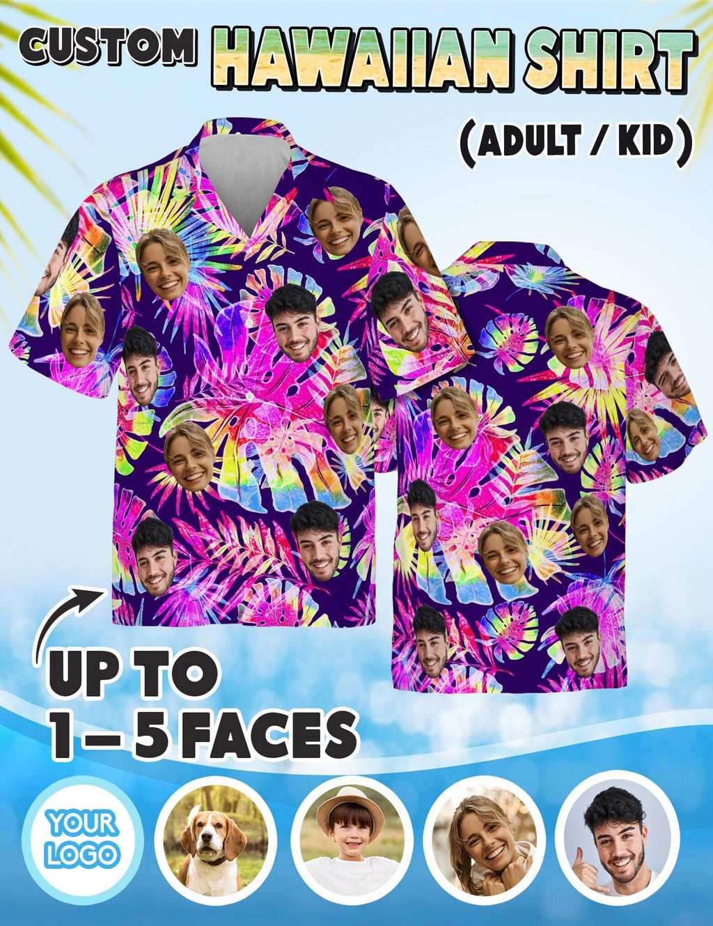 Hawaiian Shirt with Custom Face for Men Women Youth Kid Personalized Hawaiian Gift for Girlfriend Boyfriend Tropical Beach Button Down Shirt