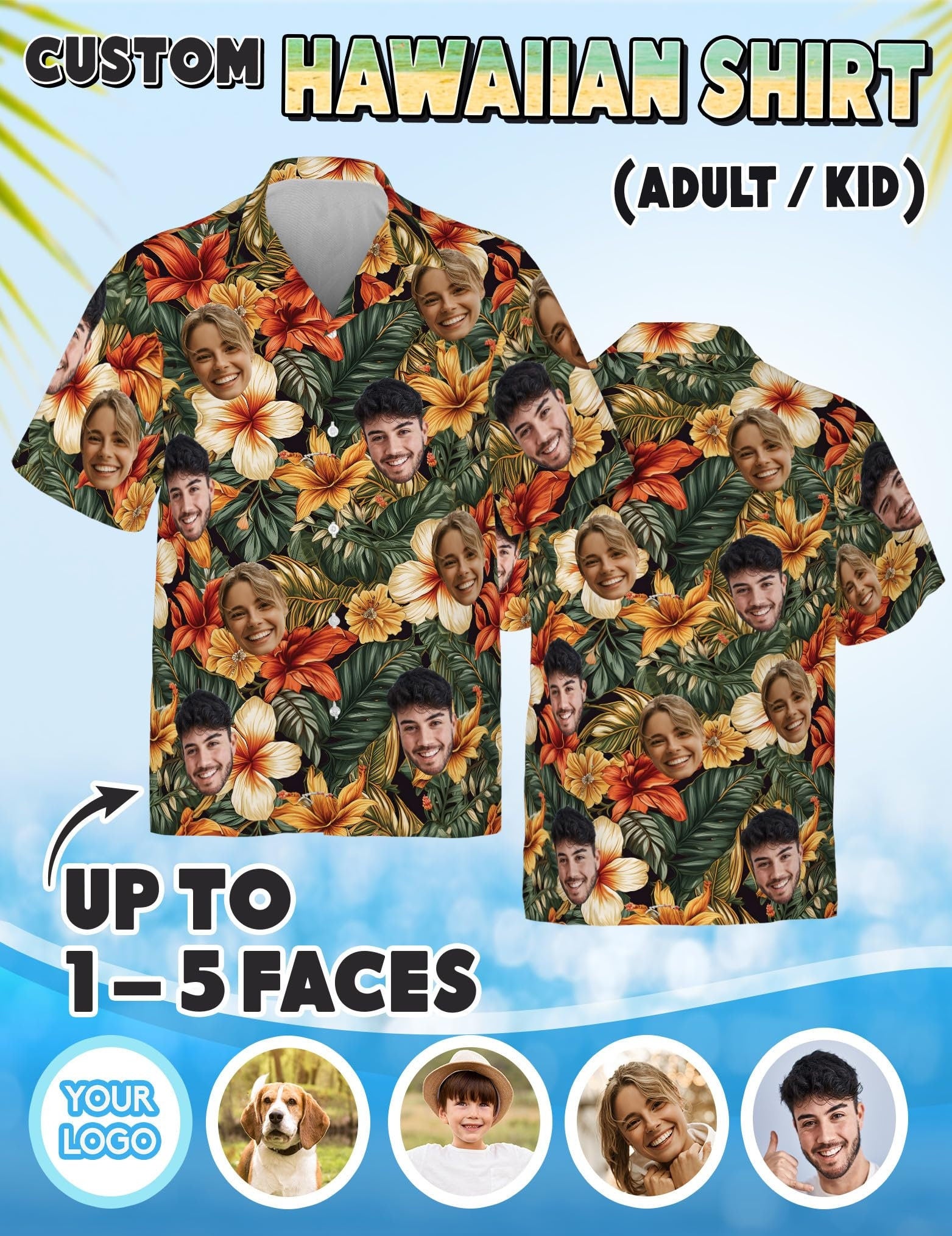 Hawaiian Shirt with Custom Face for Men Women Youth Kid Personalized Hawaiian Gift for Girlfriend Boyfriend Tropical Beach Button Down Shirt
