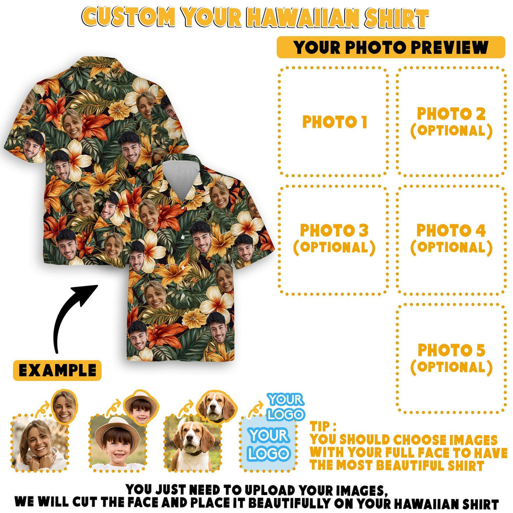 Hawaiian Shirt with Custom Face for Men Women Youth Kid Personalized Hawaiian Gift for Girlfriend Boyfriend Tropical Beach Button Down Shirt