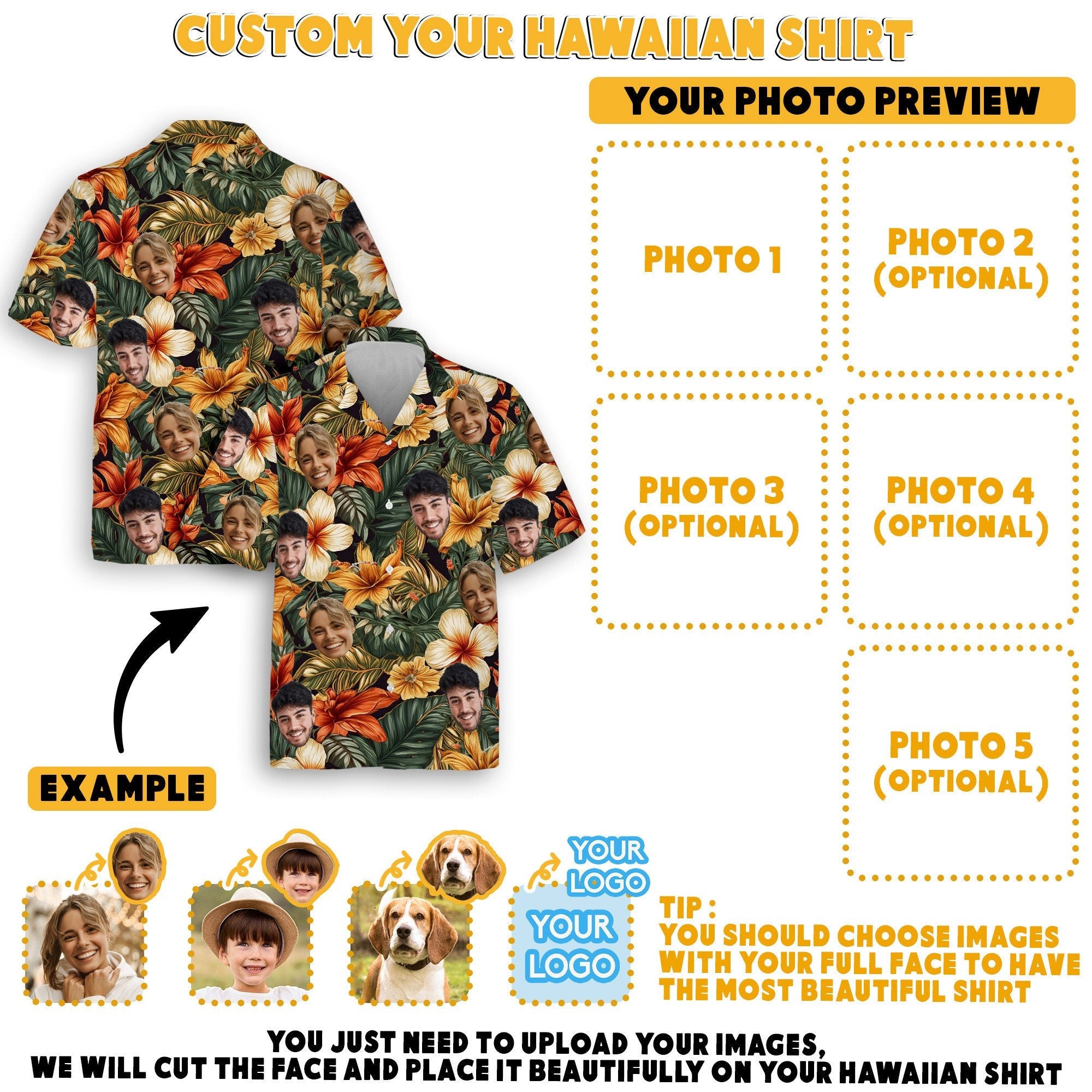 Hawaiian Shirt with Custom Face for Men Women Youth Kid Personalized Hawaiian Gift for Girlfriend Boyfriend Tropical Beach Button Down Shirt