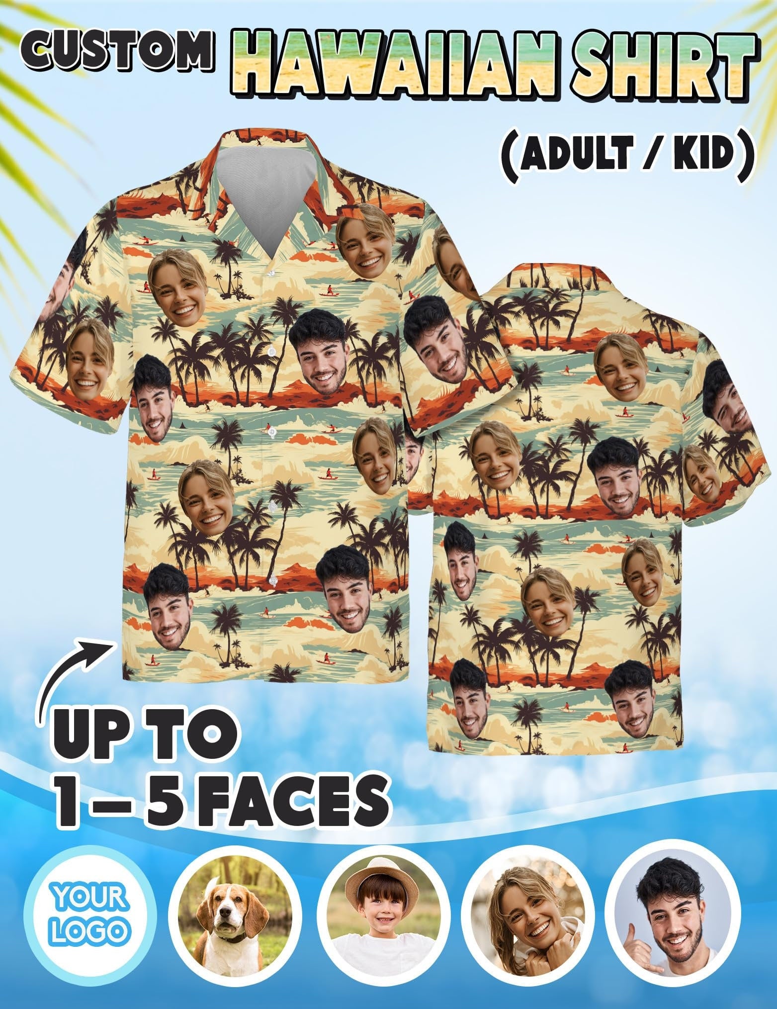 Hawaiian Shirt with Custom Face for Men Women Youth, Personalized Hawaiian Gift for Girlfriend Boyfriend Tropical Beach Button Down Shirt