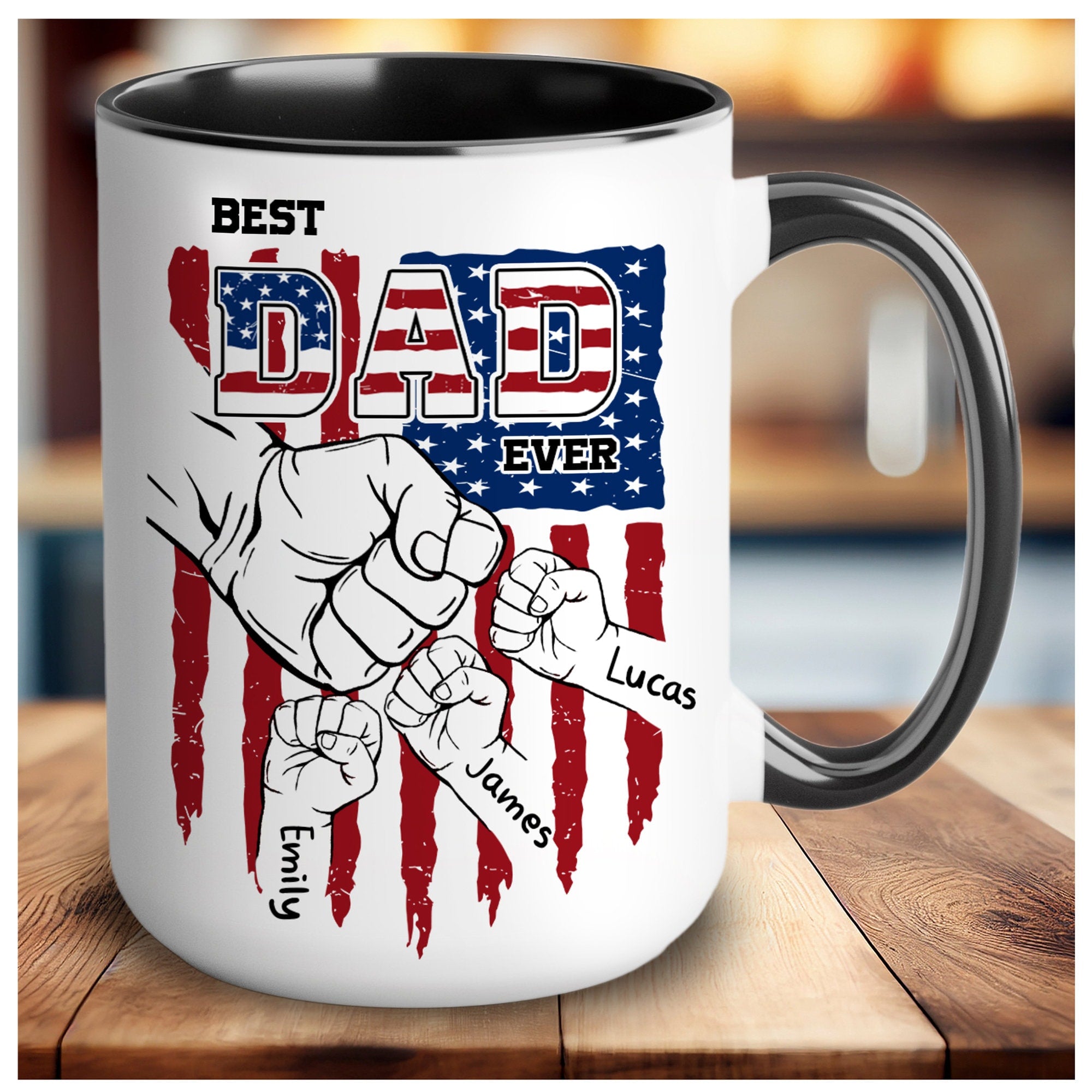 Custom Dad Mugs with Kid's Name, Personalized Mug For Dad on Fathers Day, Best Dad Mug Ideal Gift From Son Daughter, Dad Mug With Kid Hands