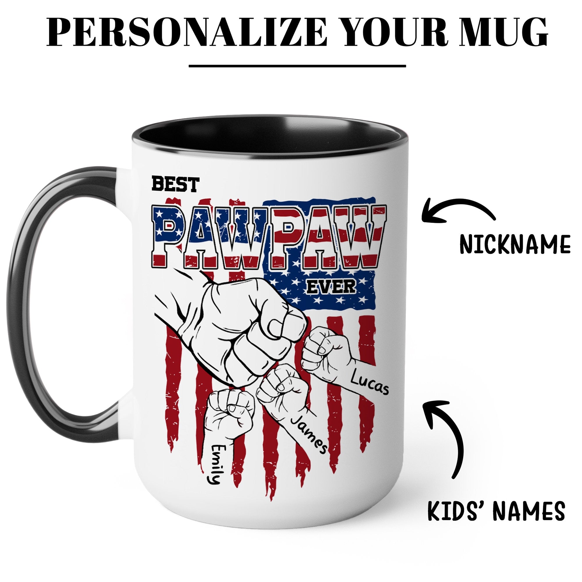 Custom Pawpaw Mug with Kid Name, Personalized Mug For Grandpa on Fathers Day, Best Grandpa Mug Ideal Gift From Kid, Dad Mug With Kids Hands