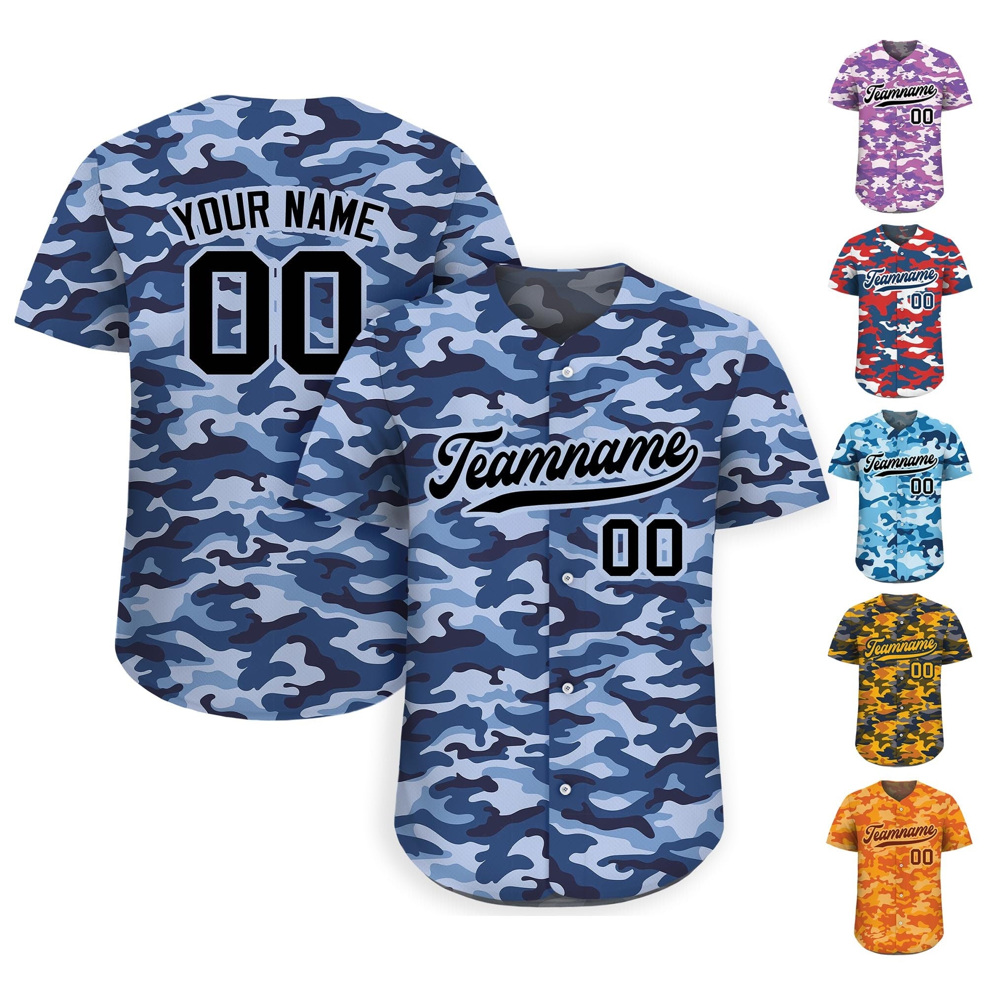 Printed Personalized Blue Camo Baseball Jersey with Teamname Name Number, Gifts for Baseball Fans, Custom Jerseys Shirt for Men Women Youth