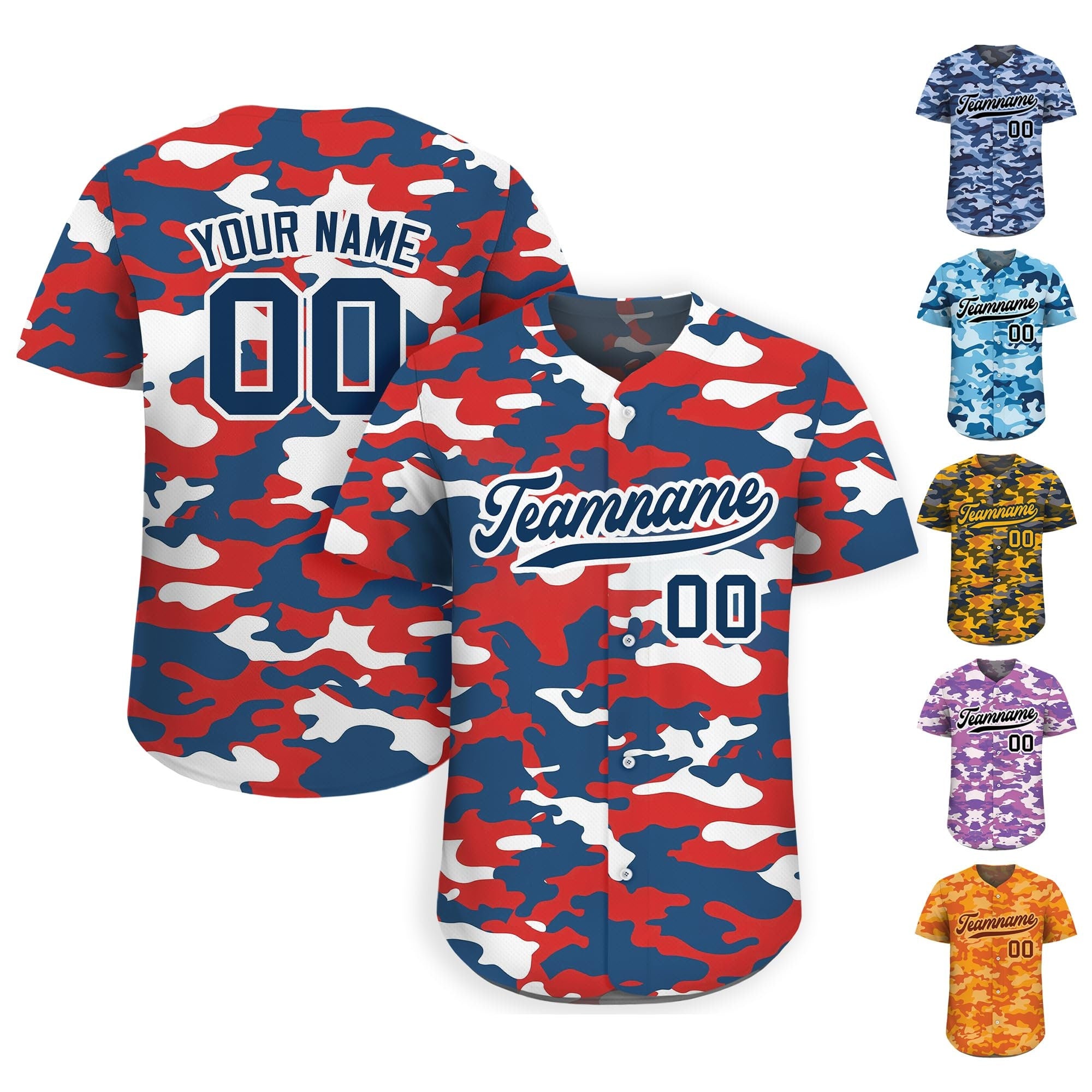 Personalized Camo Baseball Jersey with Teamname Name Number, Gifts for Baseball Fans, Jerseys Shirt for Men Women Youth Kid Printed Navy Red