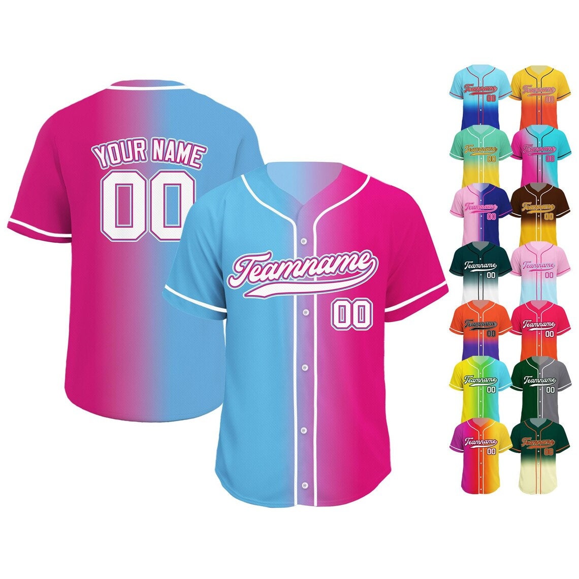 Printed Blue Pink Gradient Custom Baseball Jersey with Teamname Name Number, Jerseys Shirt for Men Women Youth Kid, Gifts for Baseball Fans