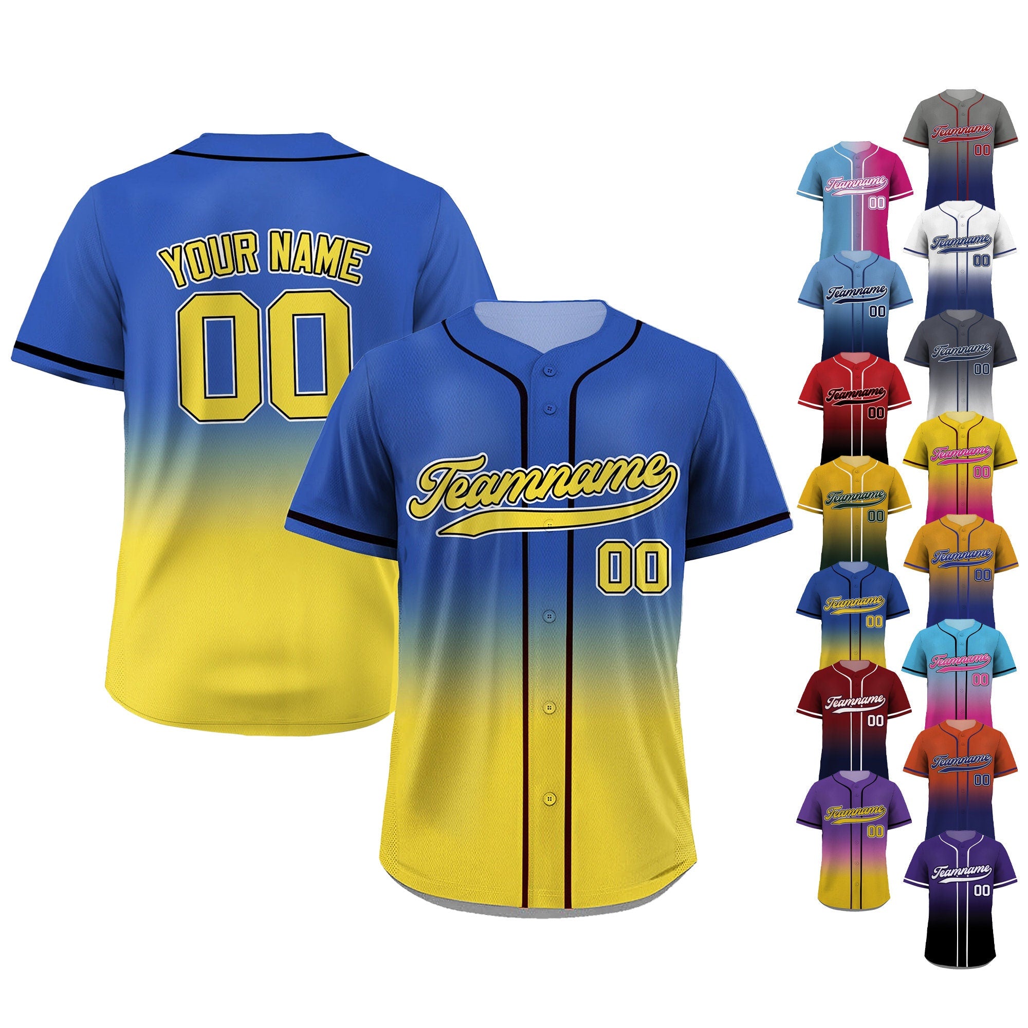Printed Blue Yellow Gradient Custom Baseball Jersey with Teamname Name Number, Jerseys Shirt for Men Women Youth Kid, Gift for Baseball Fans