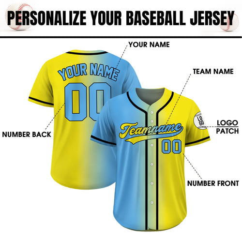 Custom Baseball Jersey Gradient with Teamname Name Number, Custom Jersey Shirt for Men Women Youth Kid, Gift for Baseball Fans Blue Yellow