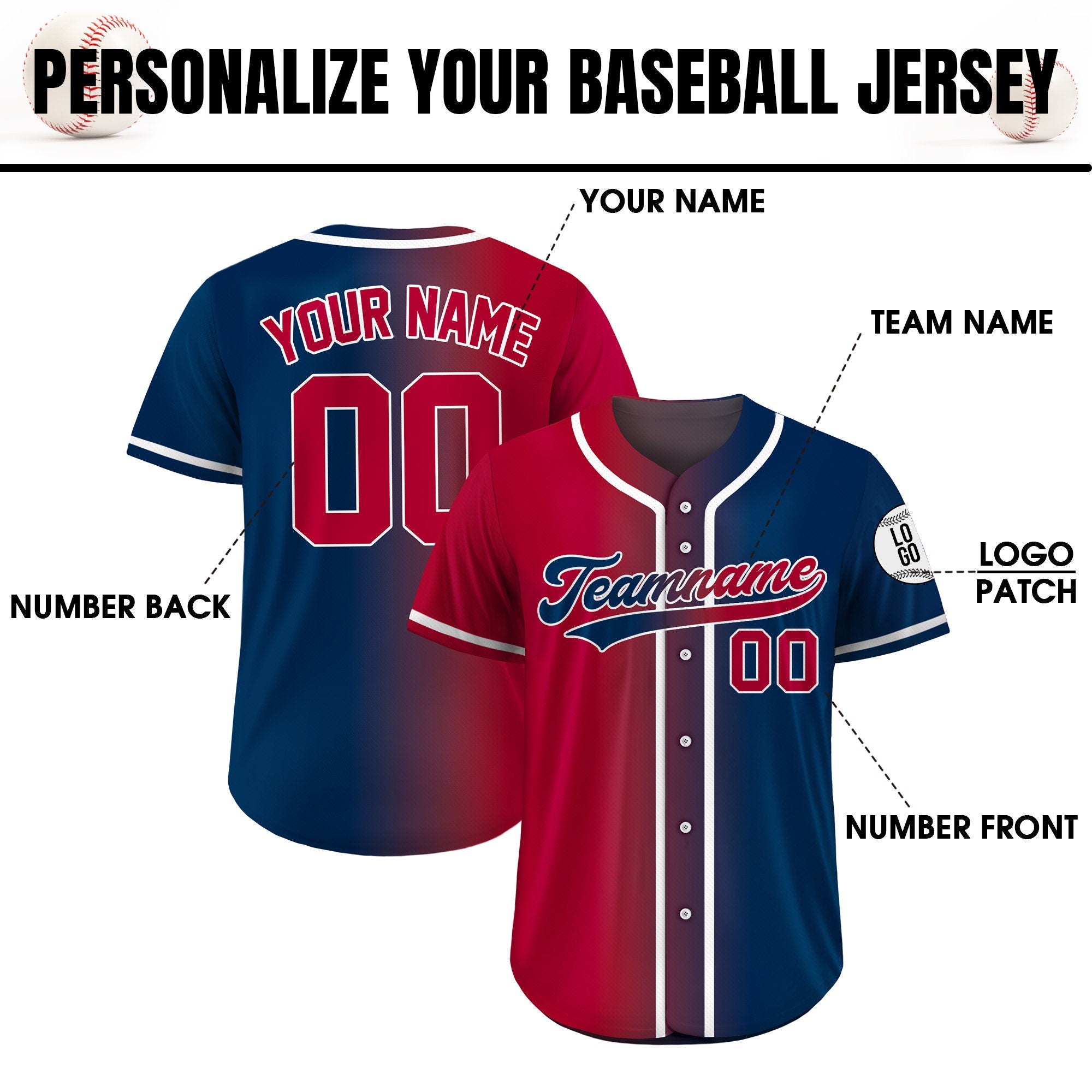 Custom Baseball Jersey Gradient with Teamname Name Number, Custom Jersey Shirt for Men Women Youth Kid, Gift for Baseball Fans Navy Red