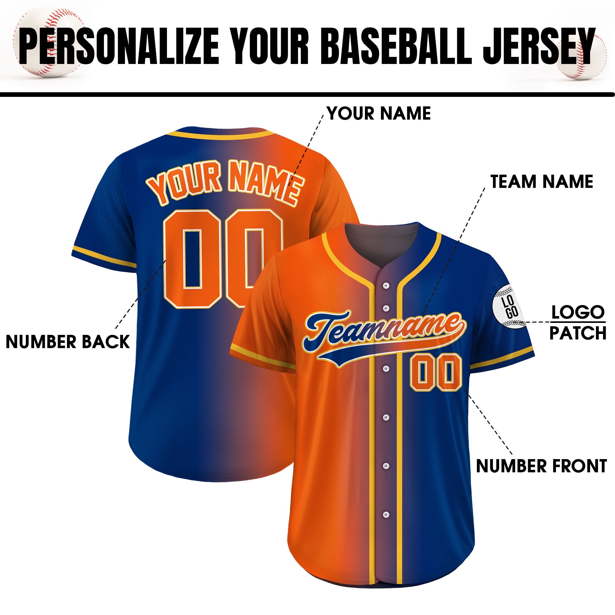 Printed Gradient Custom Baseball Jersey with Teamname Name Number, Jersey Shirt for Men Women Youth Kid Gifts for Baseball Fan Navy Orange