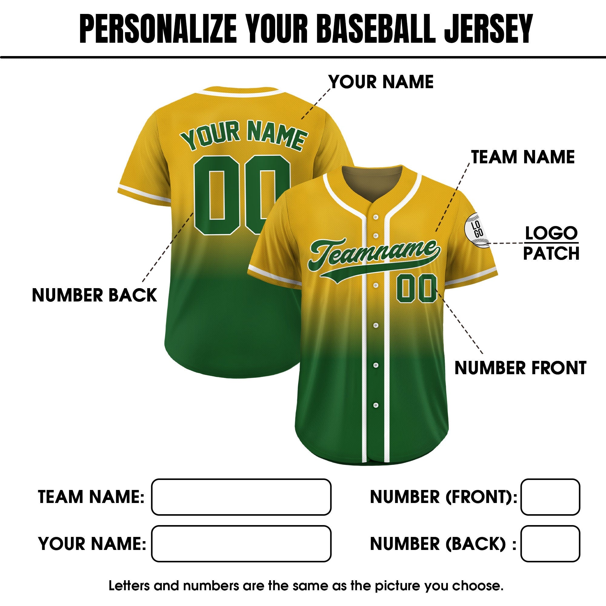 Gradient Custom Baseball Jersey with Teamname Name Number, Jersey Shirt for Men Women Youth Kid, Gift for Baseball Fan Green Yellow Printed
