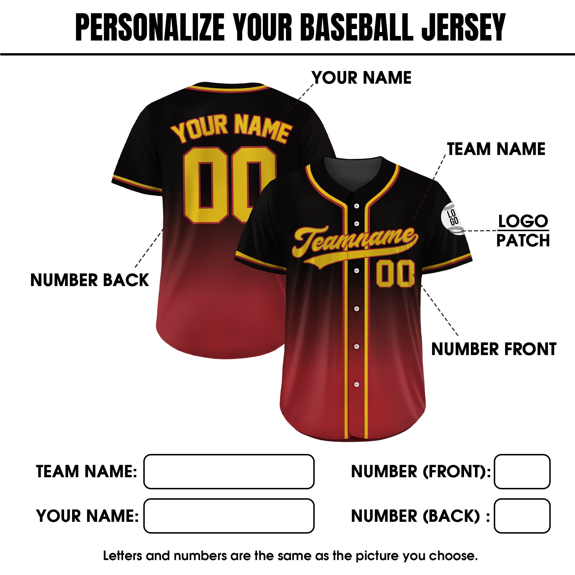 Printed Red Black Gradient Custom Baseball Jersey with Teamname Name Number, Jersey Shirt for Men Women Youth Kid, Gifts for Baseball Fans