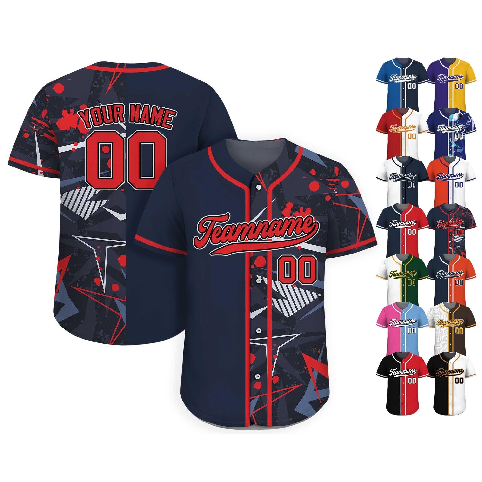 Custom Baseball Jersey with Teamname Name Number,Jersey for Men Women Youth,Printed Navy Red Graffiti,Personalized Split Button Down Jerseys