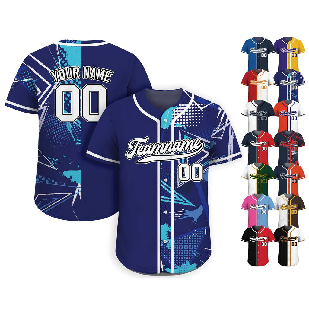 Printed Blue Graffiti Custom Baseball Jersey with Teamname Name Number,Jersey for Men Women Youth, Personalized Split Button Down Jerseys