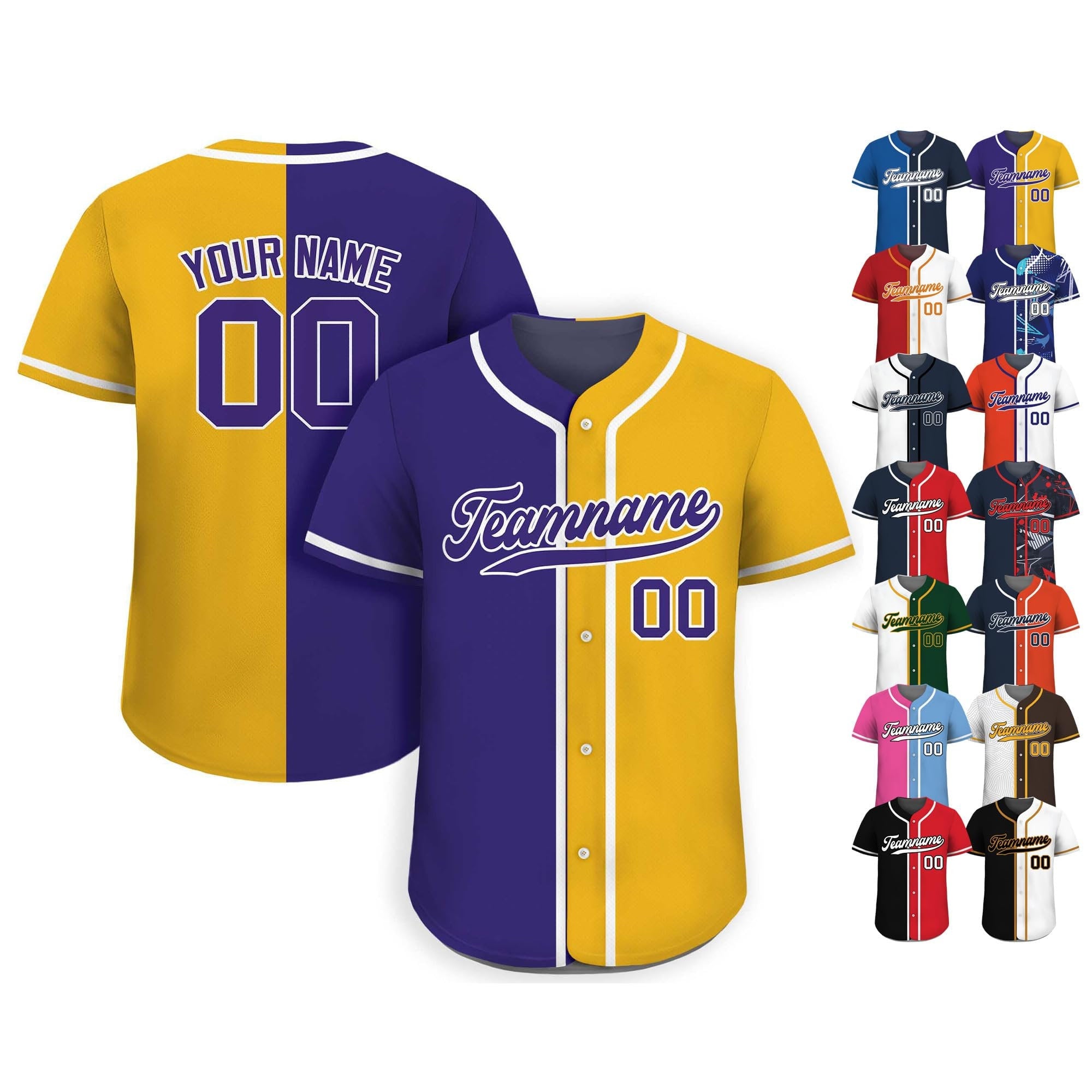 Custom Baseball Jersey with Teamname Name Number, Custom Jersey for Men Women Youth Kid, Personalized Split Button Down Jersey Yellow Purple