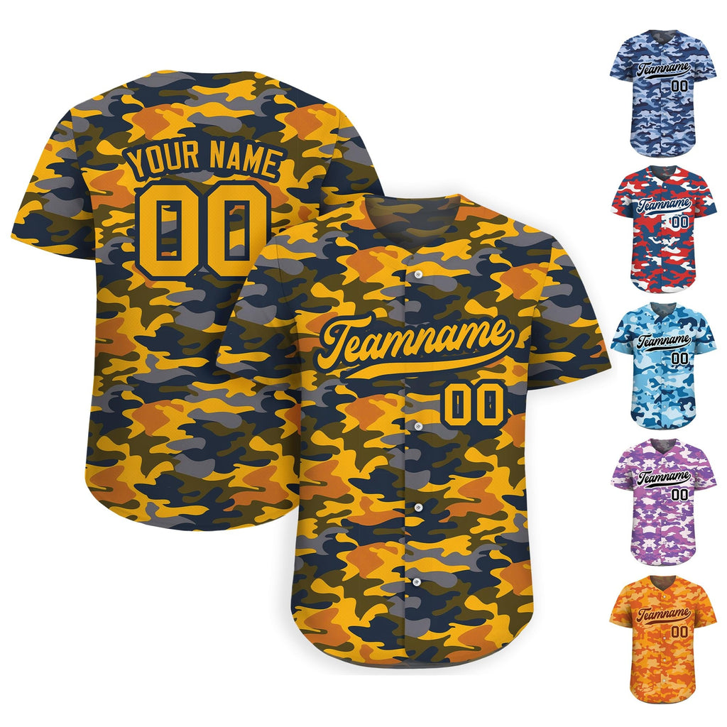 Printed Personalized Yellow Camo Baseball Jersey with Teamname Name Number, Gift for Baseball Fans, Custom Jerseys Shirt for Men Women Youth