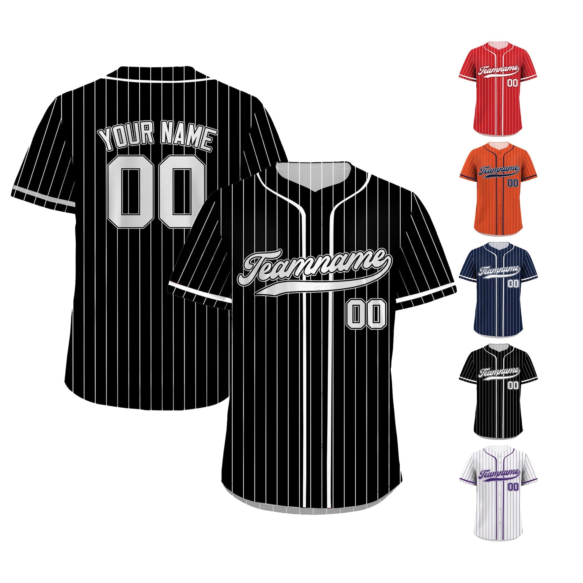 Printed Black White Pinstripe Custom Baseball Jersey with Teamname Name Number, Jersey Shirt for Men Women Youth Kid, Gift for Baseball Fan