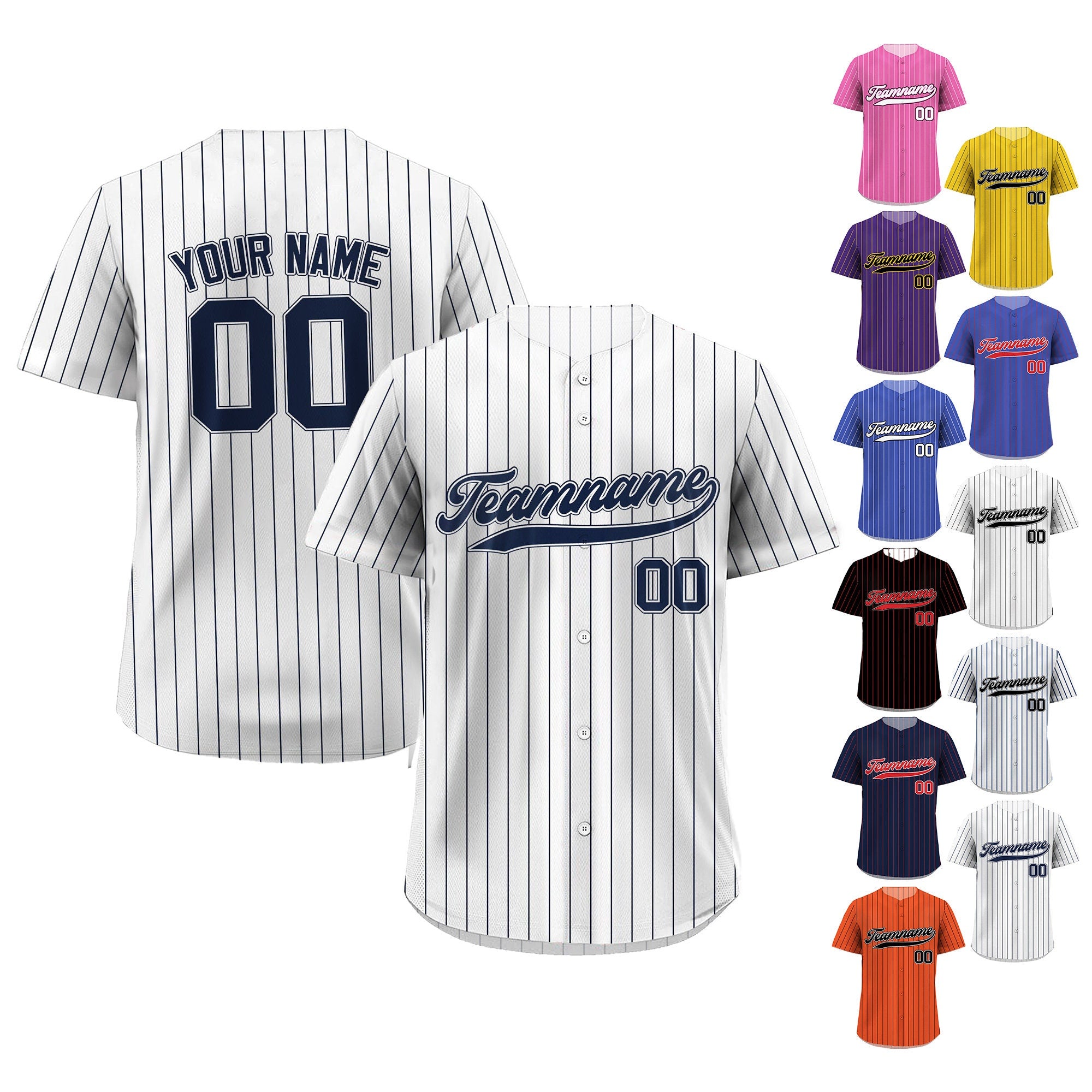 Pinstripe Custom Baseball Jersey with Teamname Name Number, Jerseys Shirt for Men Women Youth Kid, Gift for Baseball Fans Printed White Navy
