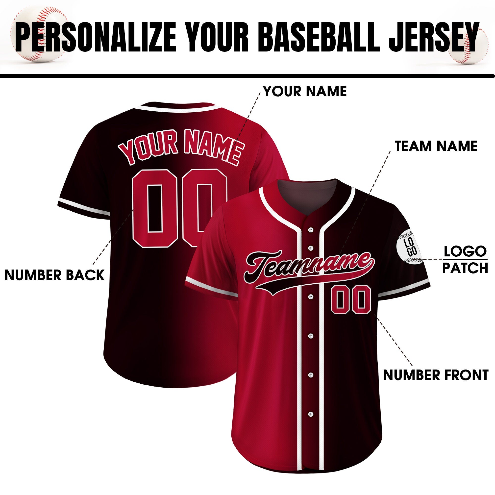 Custom Baseball Jersey Gradient with Teamname Name Number, Custom Jersey Shirt for Men Women Youth Kid, Gift for Baseball Fans Red Navy